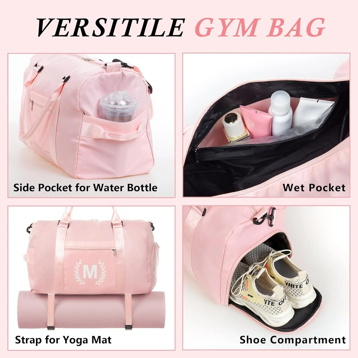 Gym Bag for Women, Personalized Duffle Bag with Shoe Compartment, Sports Bag for Yoga & Dance with Wet Pocket and Mat Strap