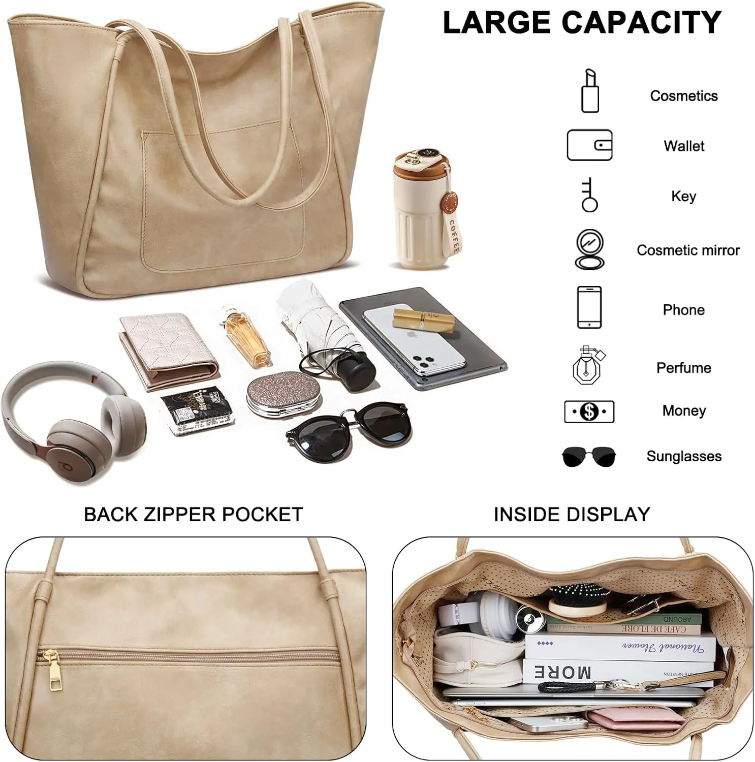KKXIU Large Tote Bag for Women with Zipper Work Leather Travel Purse and Handbags