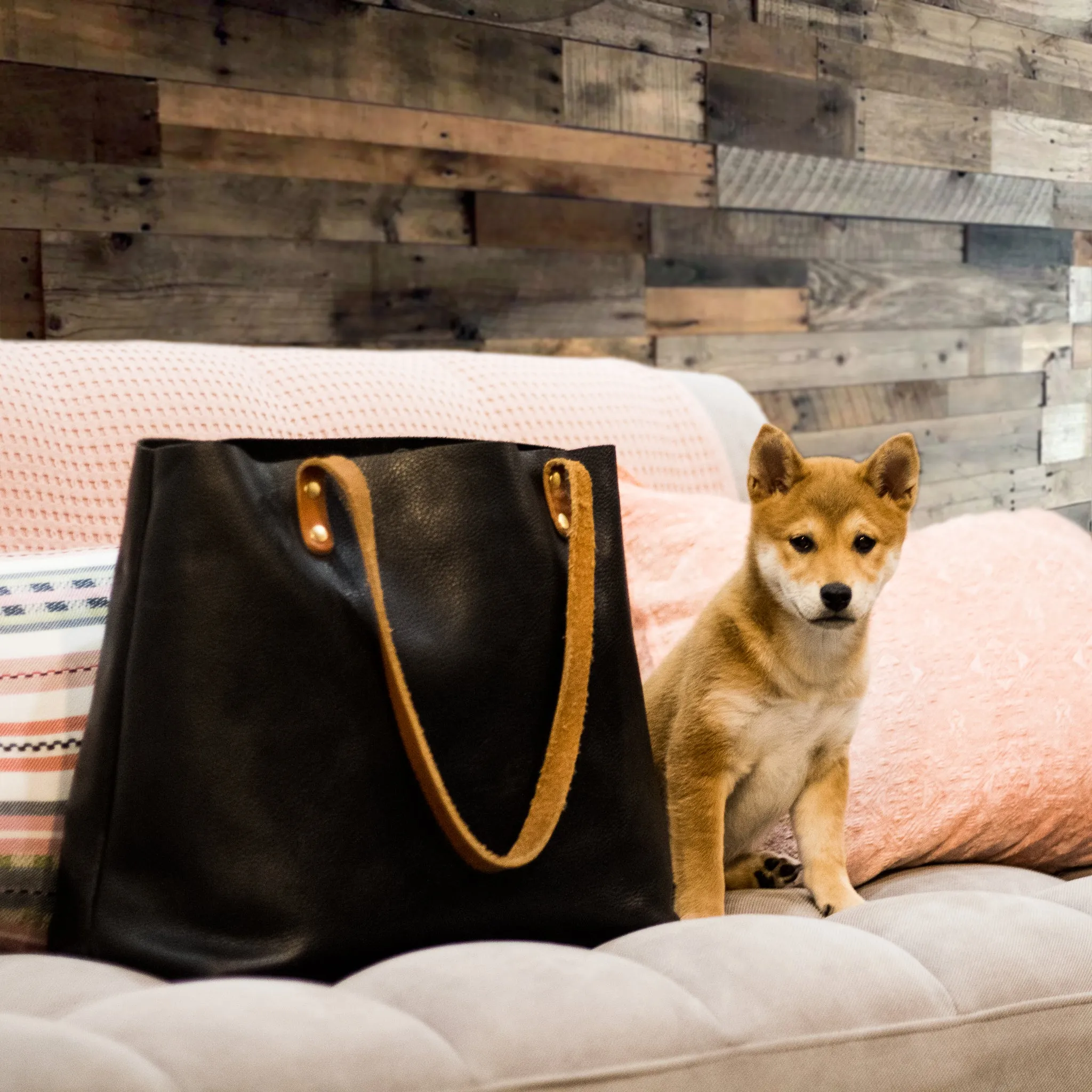 Large Black Leather Tote with Tan Handles