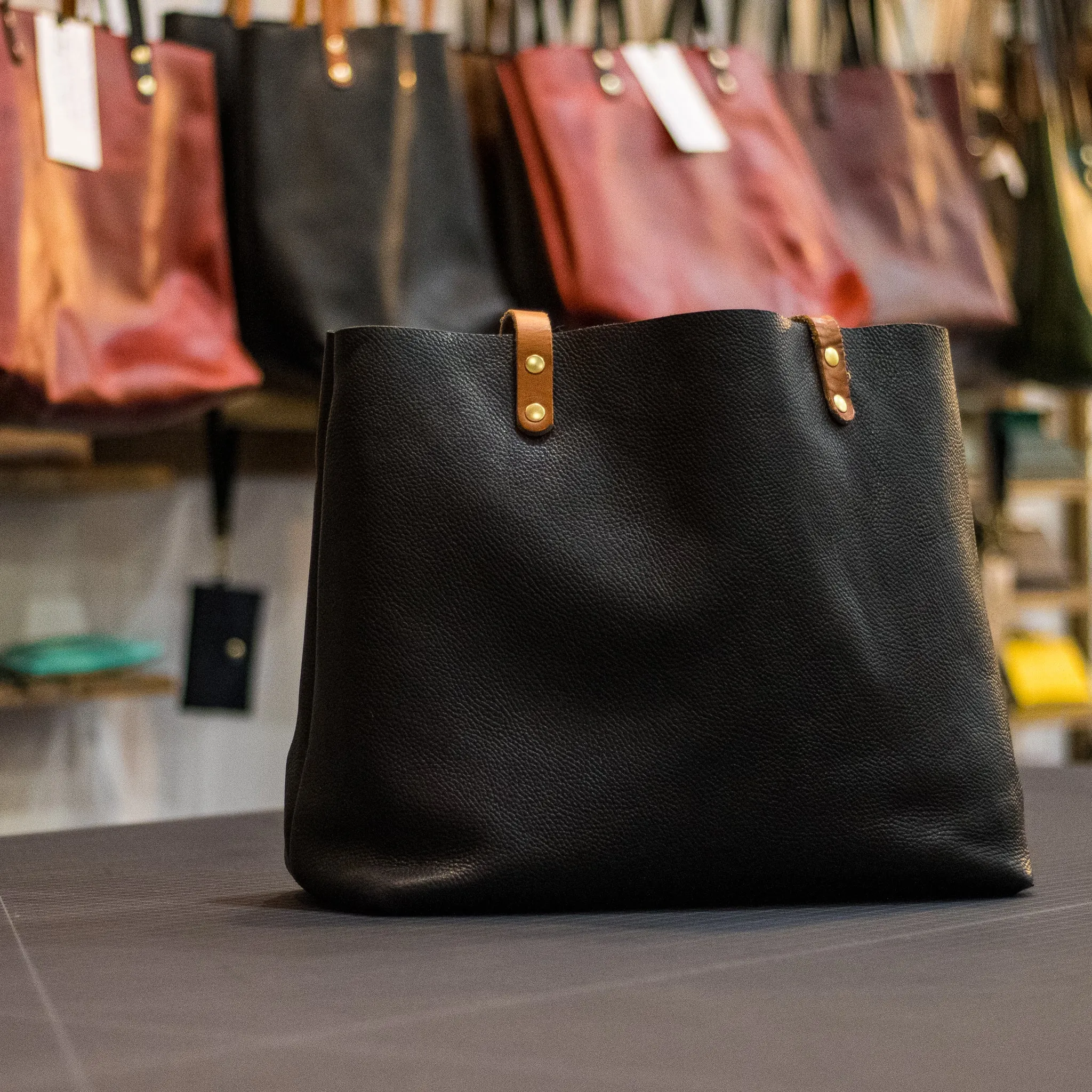 Large Black Leather Tote with Tan Handles