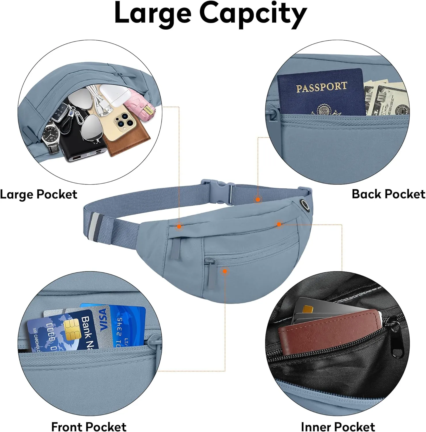 Large Fanny Pack For Women And Man Crossbody Bag Cross body Bag With Adjustable Strap For Travel Running Hiking Walking Workout Deep Grey