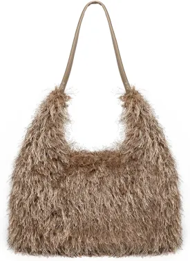 Large Furry Hobo Shoulder Crossbody Bag for Women Faux Fur Fuzzy Plush Purse and Handbag With Long Chain Strap