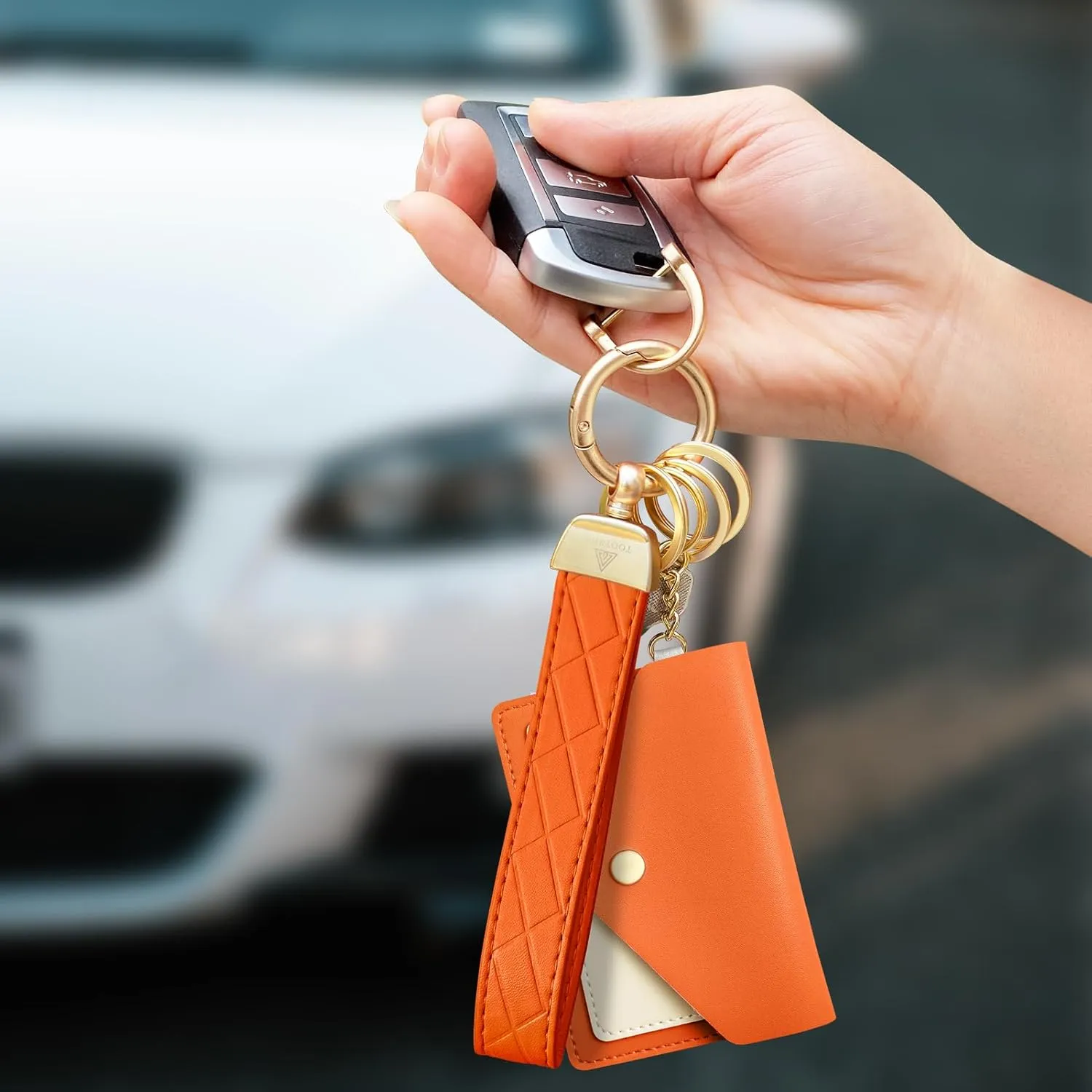Leather Wristlet Keychain,Wrist Keychain Car Key Chain with 3 Key Rings,D Ring and Slim Wallet