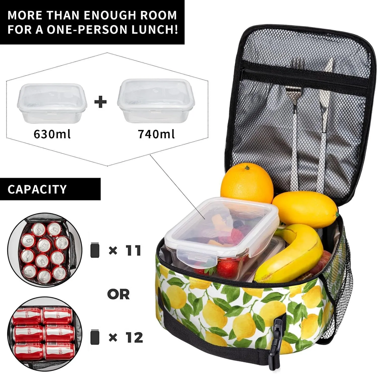 Lunch Bag For Women/Men,Reusable Lemon Summer Lunch Box For Office Work Picnic Beach,Leakproof Nature Cooler Tote Bag Freezable Lunch Bag Fern Green Yellow White