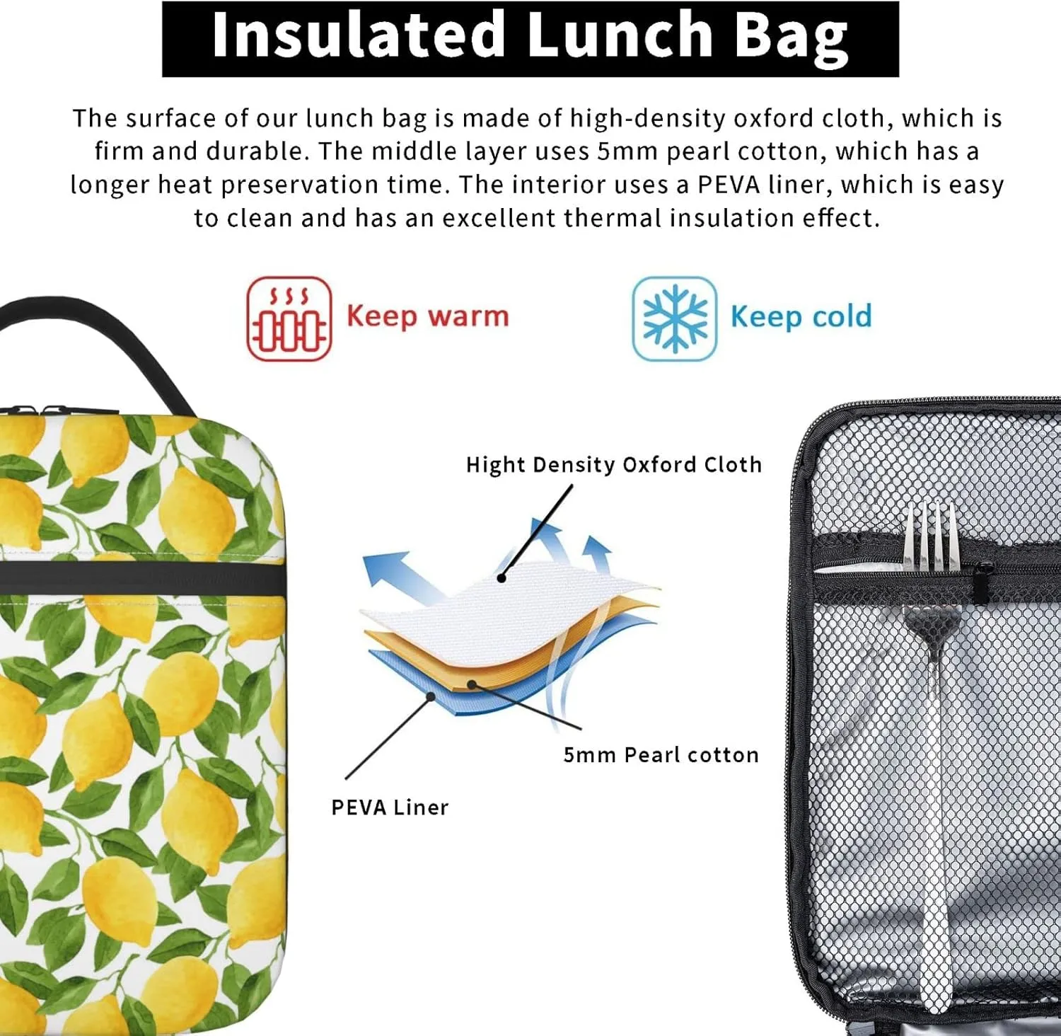 Lunch Bag For Women/Men,Reusable Lemon Summer Lunch Box For Office Work Picnic Beach,Leakproof Nature Cooler Tote Bag Freezable Lunch Bag Fern Green Yellow White