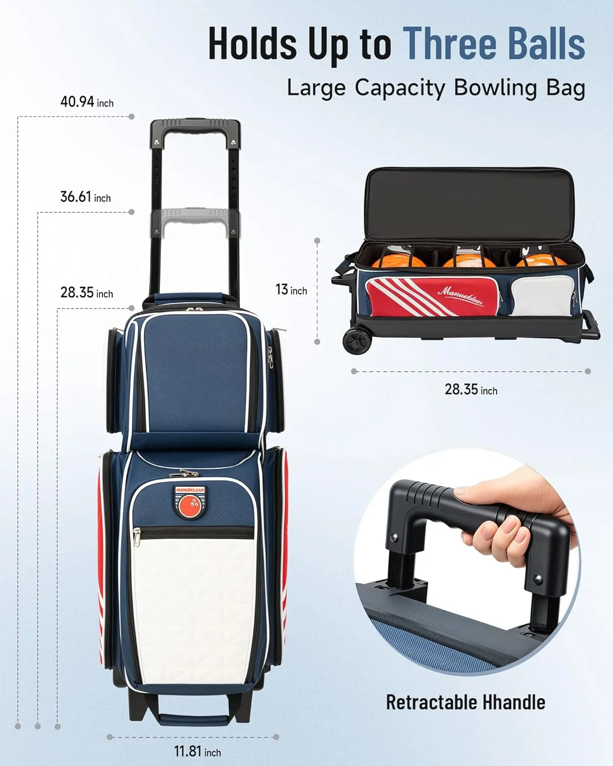 MANUEKLEAR 3 Ball Bowling Bags with Wheels, Bowling Ball Bag 3 Ball Roller with Accessory Pockets and Shoe Compartment