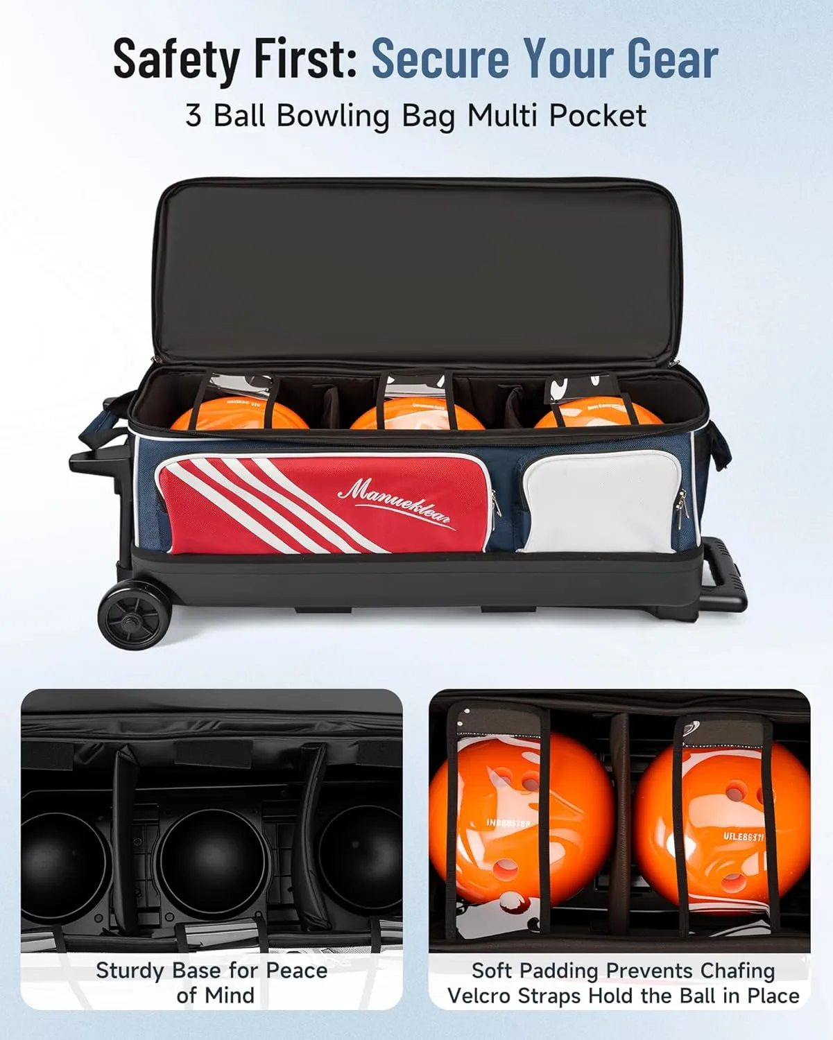 MANUEKLEAR 3 Ball Bowling Bags with Wheels, Bowling Ball Bag 3 Ball Roller with Accessory Pockets and Shoe Compartment