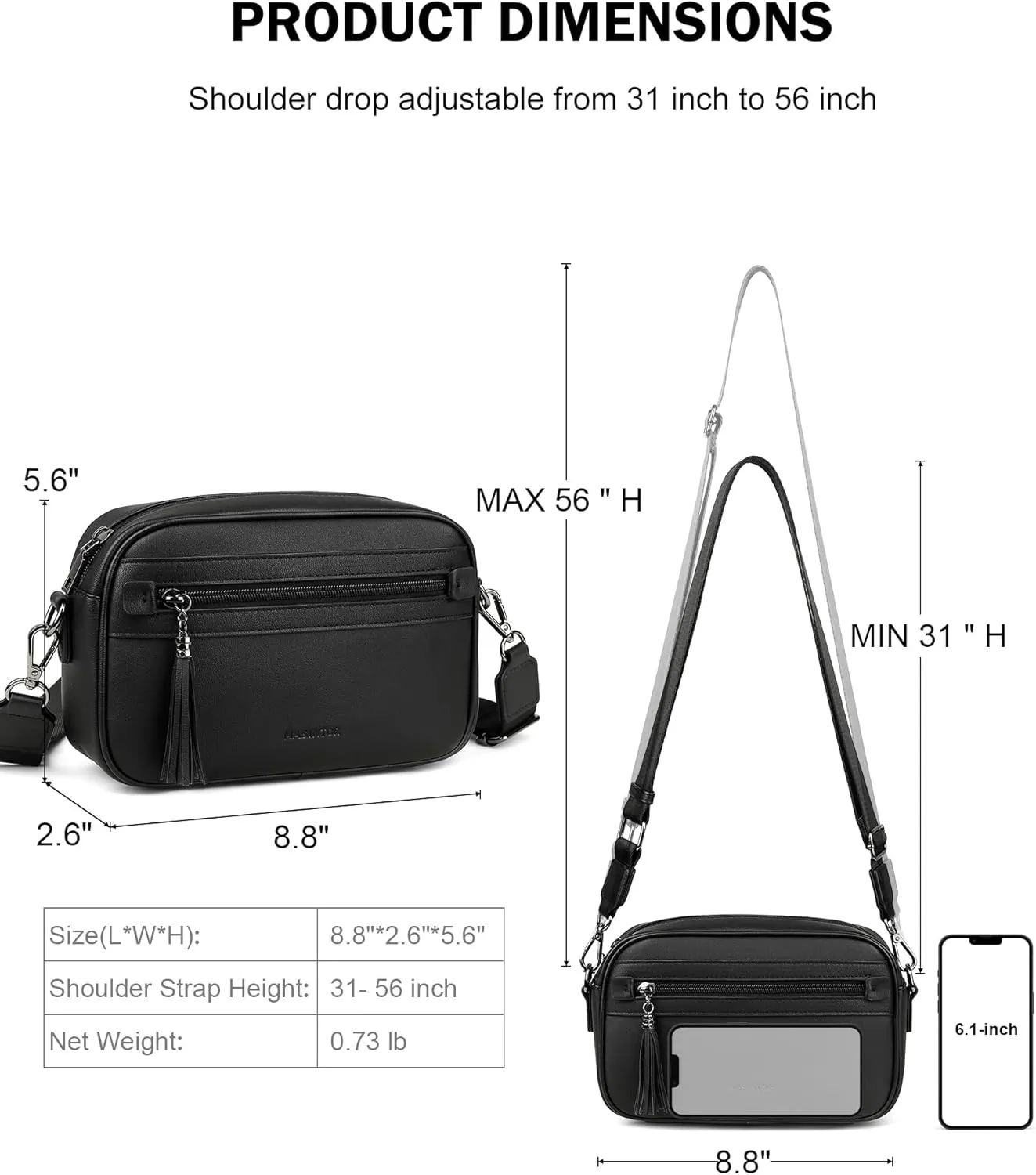 MASINTOR Crossbody Purses for Women Vegan Leather, Travel Purse Shoulder Handbag with Adjustable Strap and Tassel