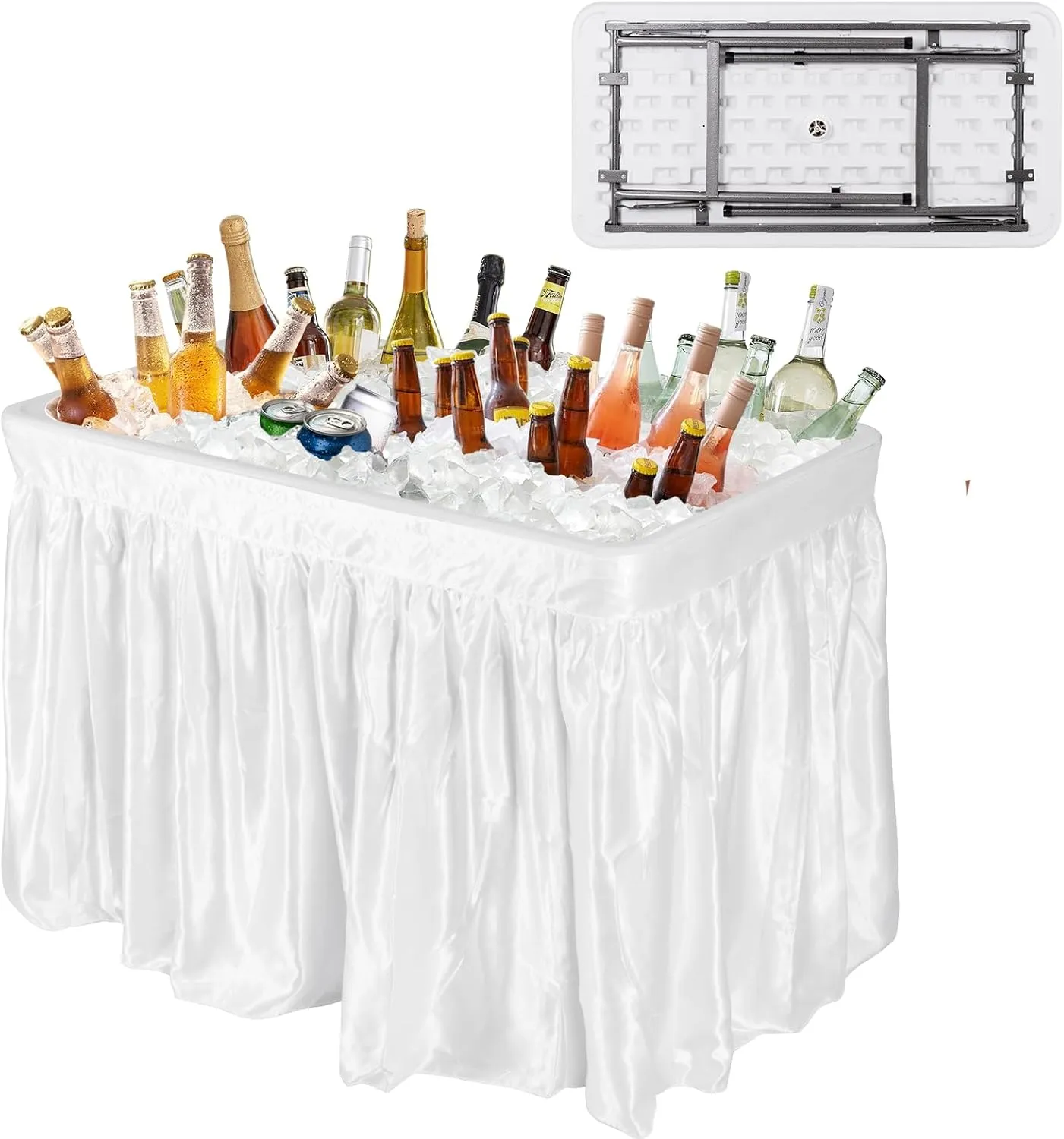 Moccha Folding Ice Cooler Table with Matching Skirt, Drain & Bucket, Foldable Buffet Cooler Server, Fill and Chill Table for Food Drink Beverage, Portable Party Ice Bin Table for Camping BBQ
