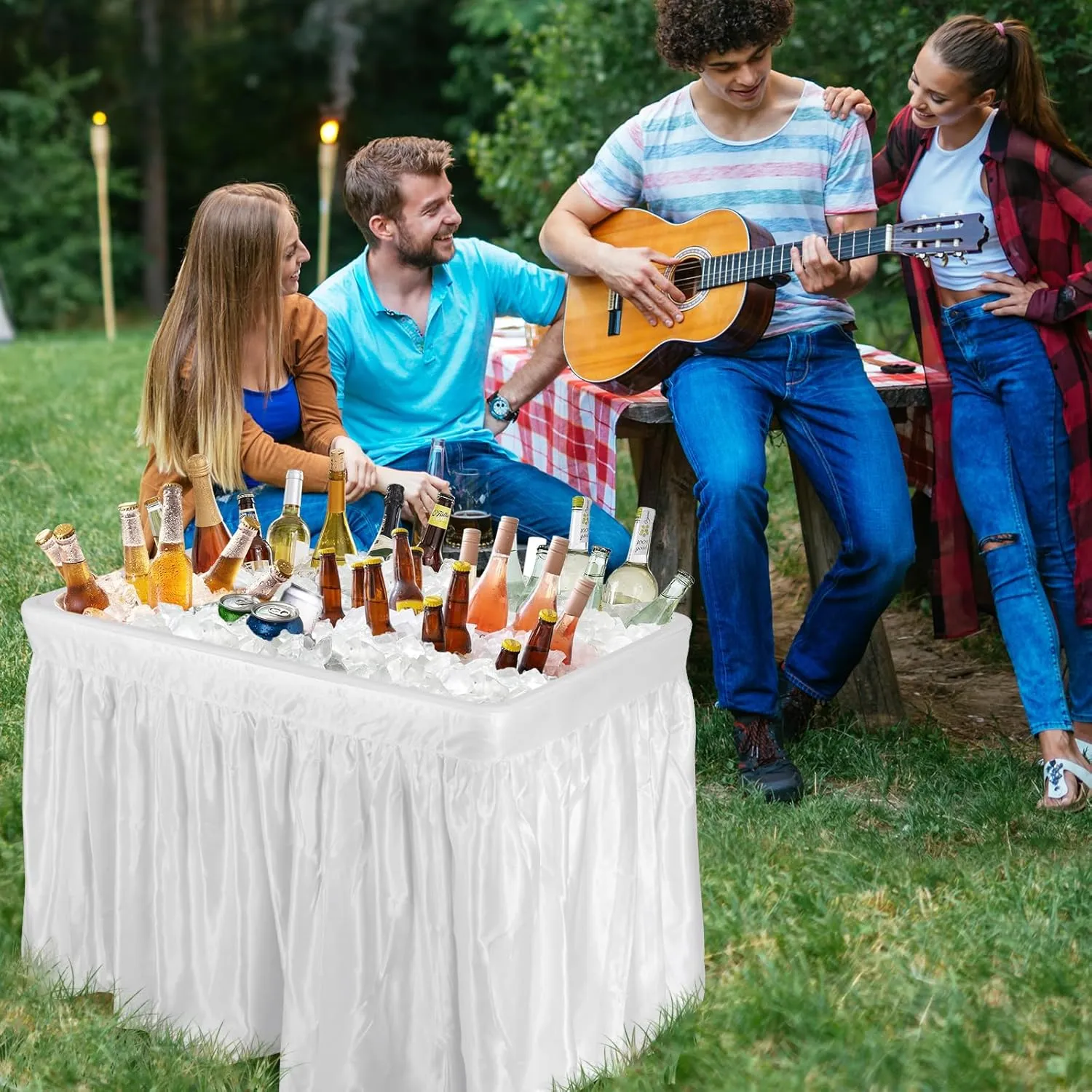 Moccha Folding Ice Cooler Table with Matching Skirt, Drain & Bucket, Foldable Buffet Cooler Server, Fill and Chill Table for Food Drink Beverage, Portable Party Ice Bin Table for Camping BBQ