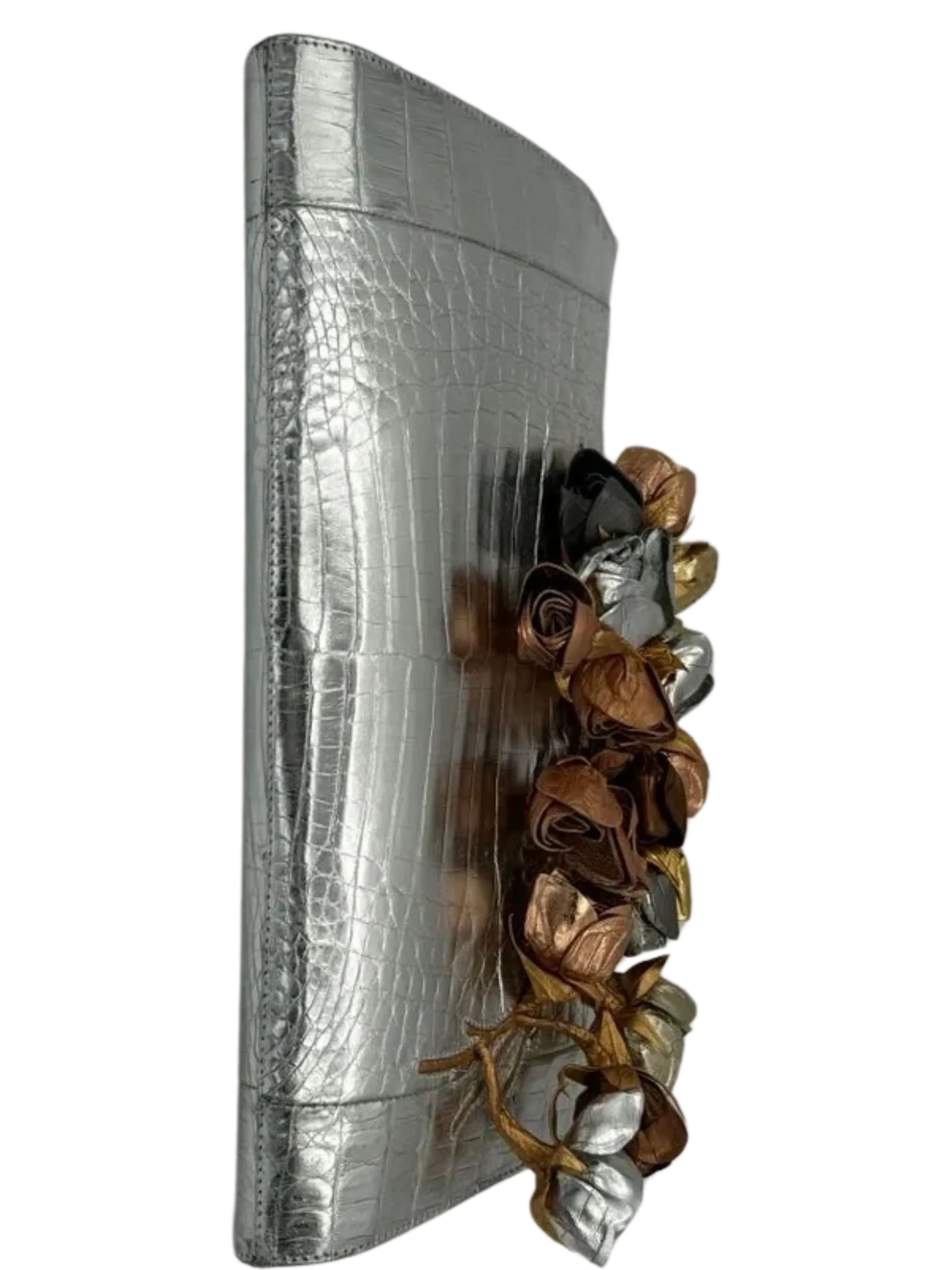 NWT Nancy Gonzalez Rosebud Slicer Metallic Crocodile Clutch Bag