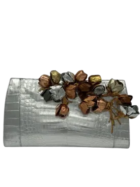 NWT Nancy Gonzalez Rosebud Slicer Metallic Crocodile Clutch Bag