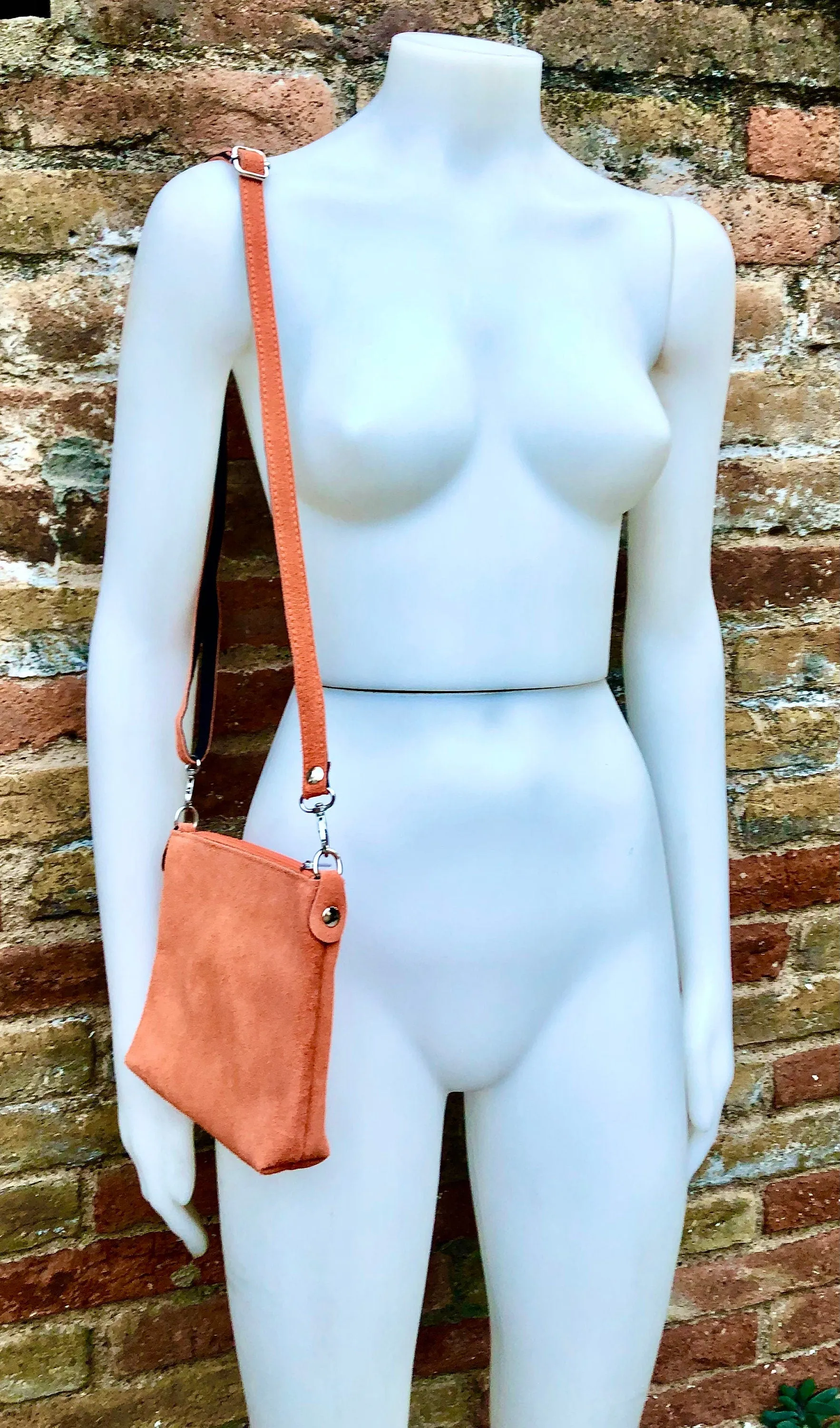 ORANGE suede leather bag. GENUINE leather crossbody / shoulder bag. Small suede bag with adjustable strap   zipper. Light orange purse