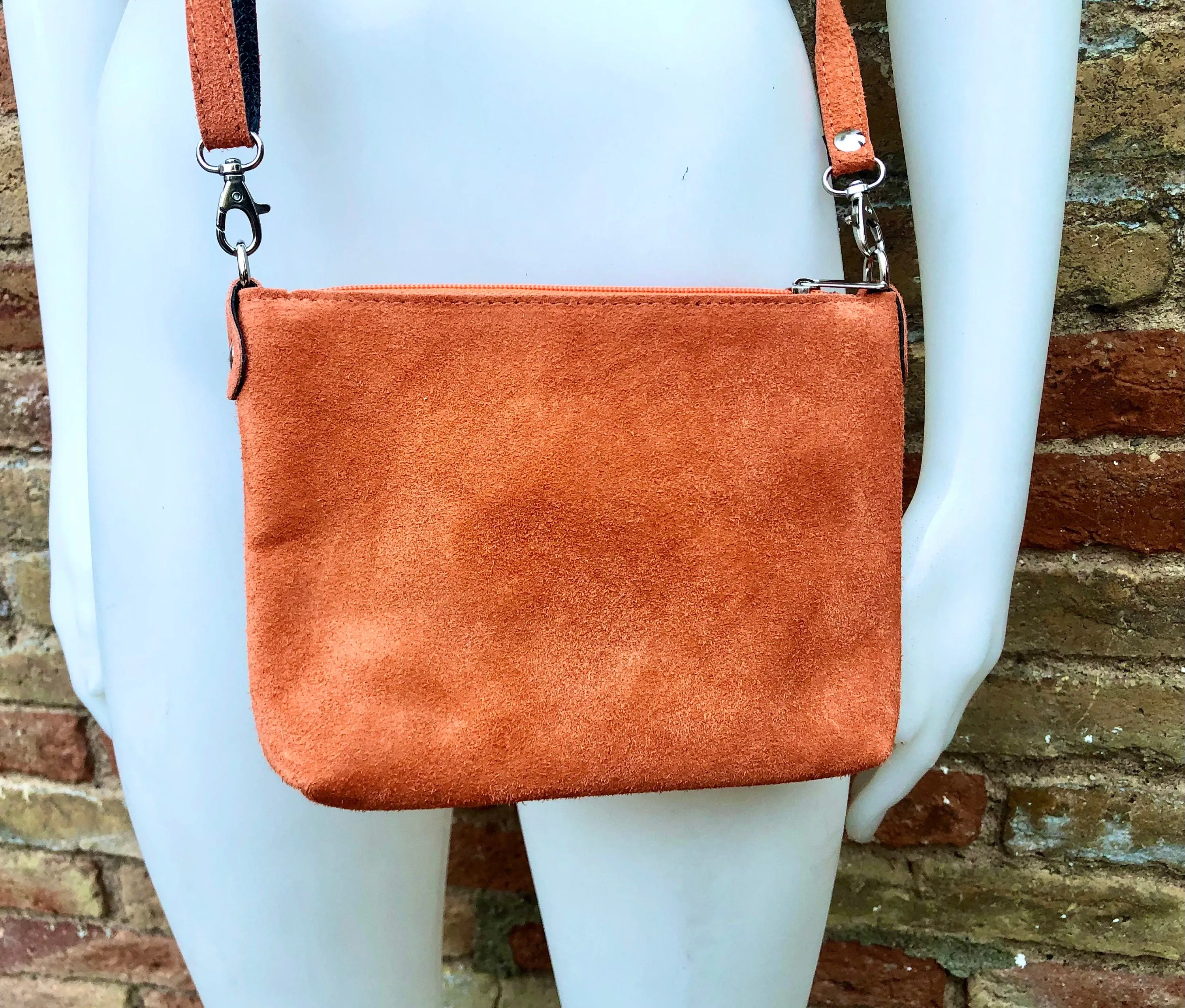 ORANGE suede leather bag. GENUINE leather crossbody / shoulder bag. Small suede bag with adjustable strap   zipper. Light orange purse