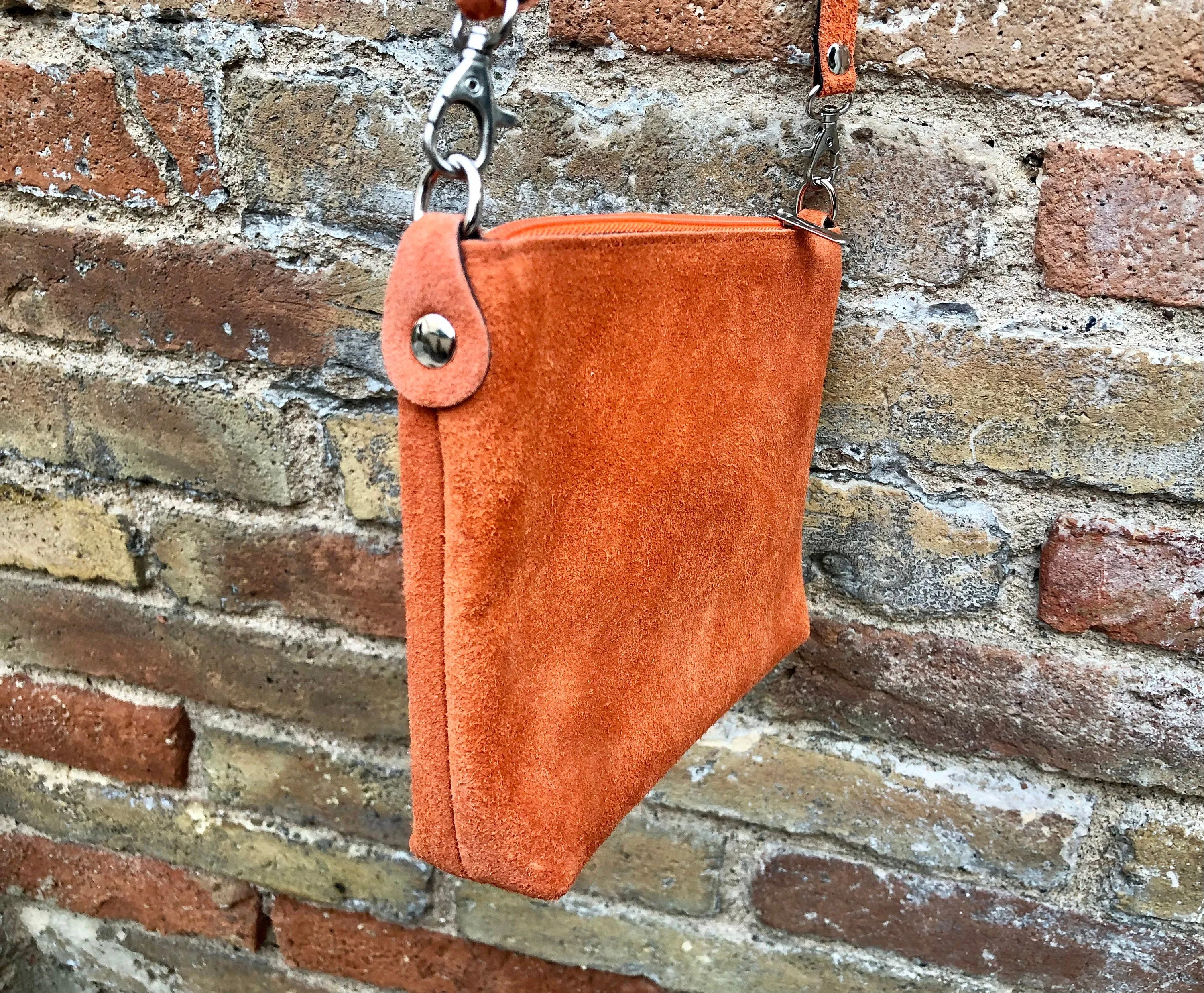 ORANGE suede leather bag. GENUINE leather crossbody / shoulder bag. Small suede bag with adjustable strap   zipper. Light orange purse