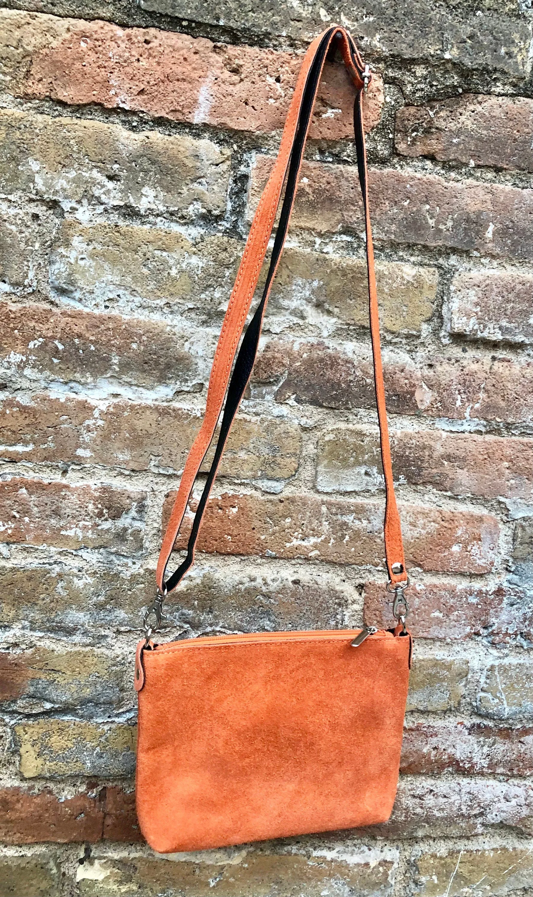 ORANGE suede leather bag. GENUINE leather crossbody / shoulder bag. Small suede bag with adjustable strap   zipper. Light orange purse