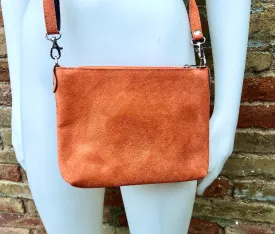 ORANGE suede leather bag. GENUINE leather crossbody / shoulder bag. Small suede bag with adjustable strap   zipper. Light orange purse