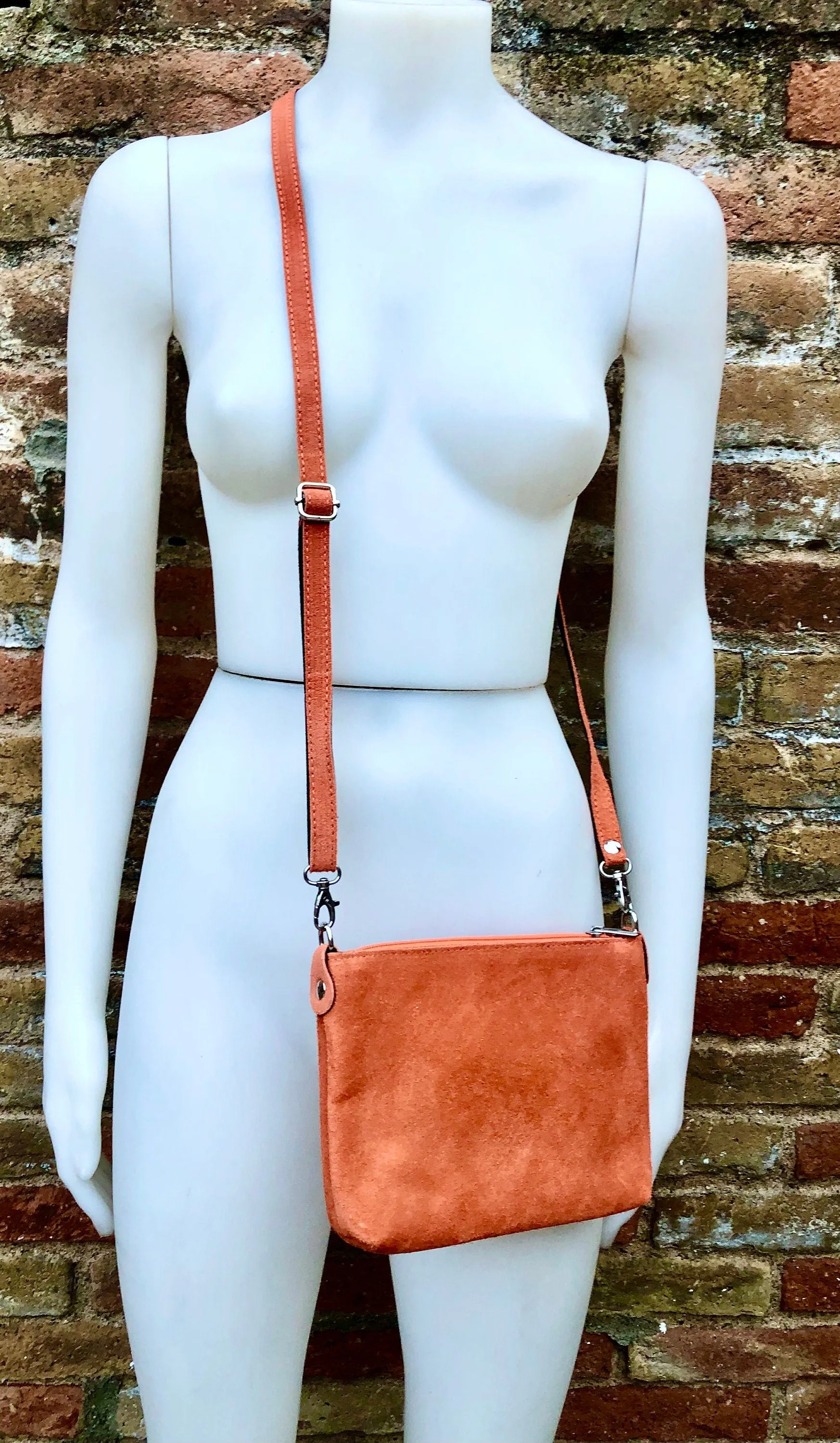 ORANGE suede leather bag. GENUINE leather crossbody / shoulder bag. Small suede bag with adjustable strap   zipper. Light orange purse