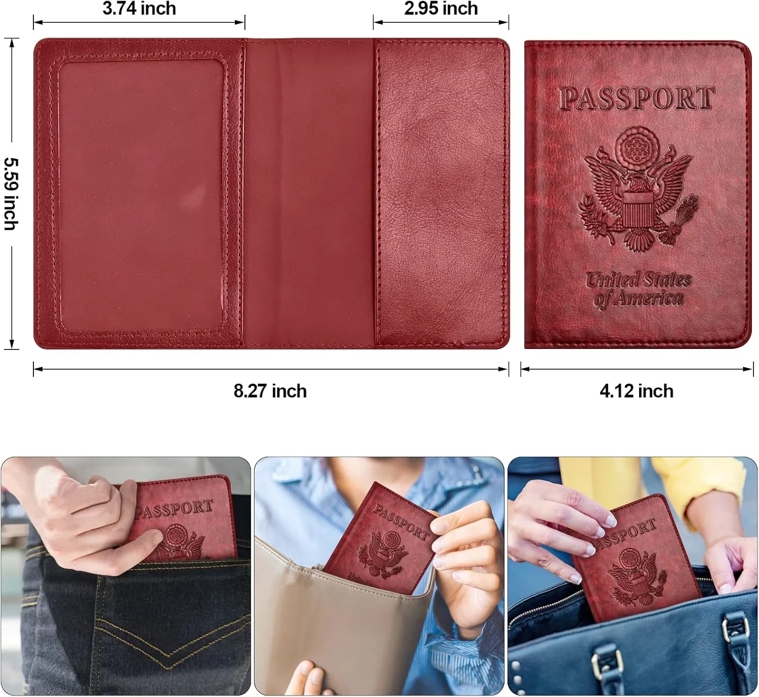 Passport and Vaccine Card Holder Combo with Vaccine Card Slot, Passport Wallet/ Cover/Case/Holder for Women and MenAC-Wine red