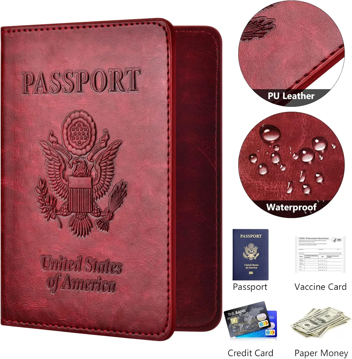 Passport and Vaccine Card Holder Combo with Vaccine Card Slot, Passport Wallet/ Cover/Case/Holder for Women and MenAC-Wine red