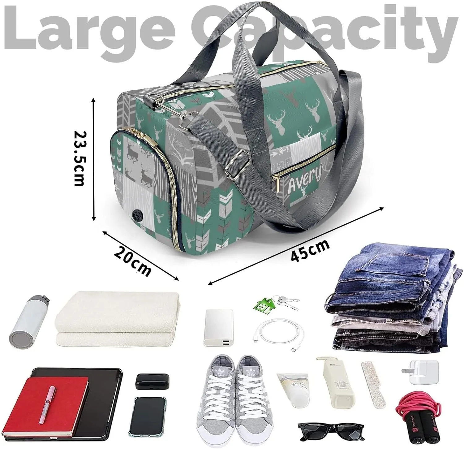 Personalized Woodland Animal Deer Customized Multi-functional Handbag Travel Bag, Unisex Portable Travel Bag, Sports and Fitness Duffel Bag, Short Trip Storage Bag