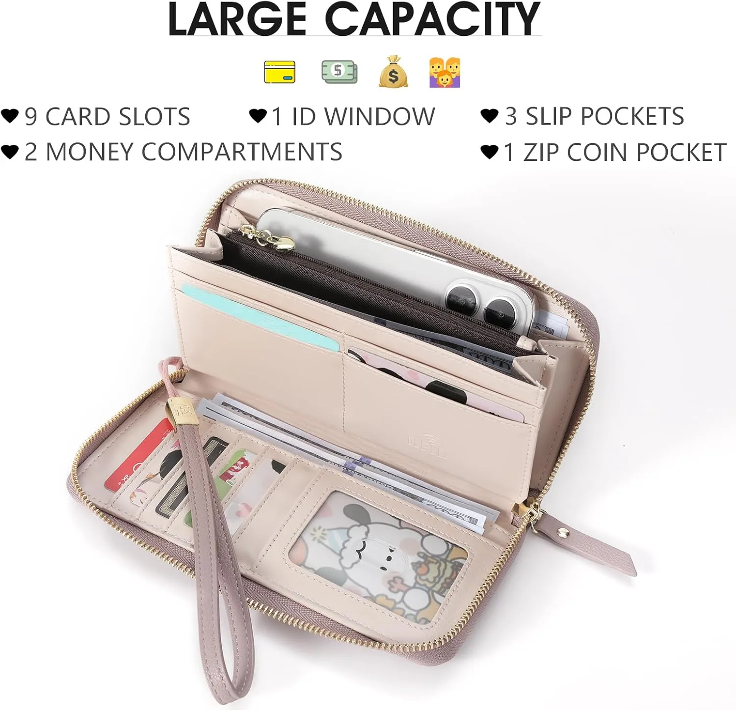 Pomelo Best Wallet for Women Leather RFID Blocking Credit Card Large Capacity Zip Around Clutch Floral Wallets with Wristlet Litchi tea
