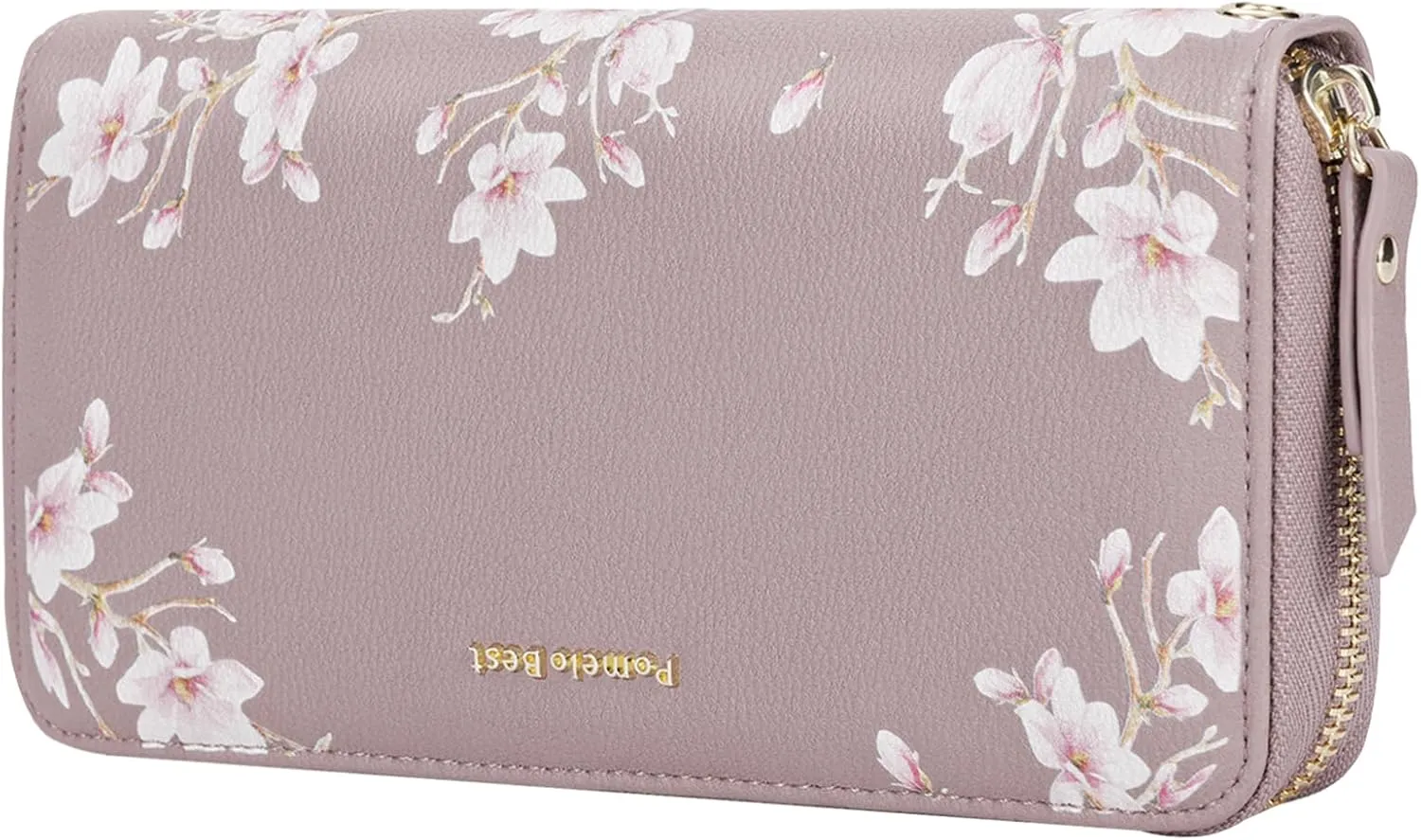 Pomelo Best Wallet for Women Leather RFID Blocking Credit Card Large Capacity Zip Around Clutch Floral Wallets with Wristlet Litchi tea