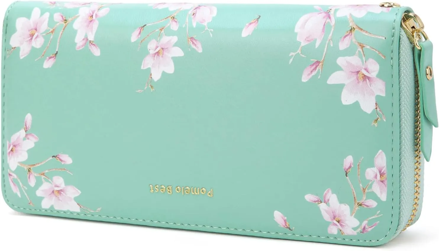 Pomelo Best Womens Wallet RFID Blocking Leather Multi Credit Card Large Capacity Zip Around Wallets Clutch Wristlet Travel Flower Long Purse for Women Mint green