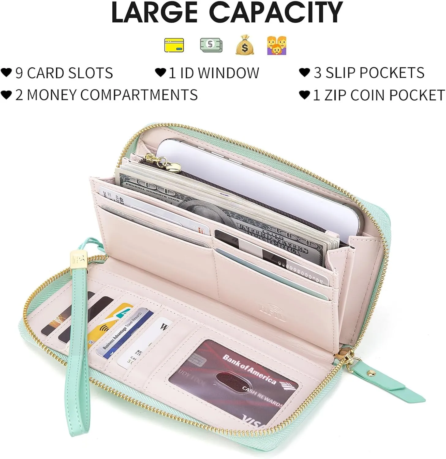 Pomelo Best Womens Wallet RFID Blocking Leather Multi Credit Card Large Capacity Zip Around Wallets Clutch Wristlet Travel Flower Long Purse for Women Mint green
