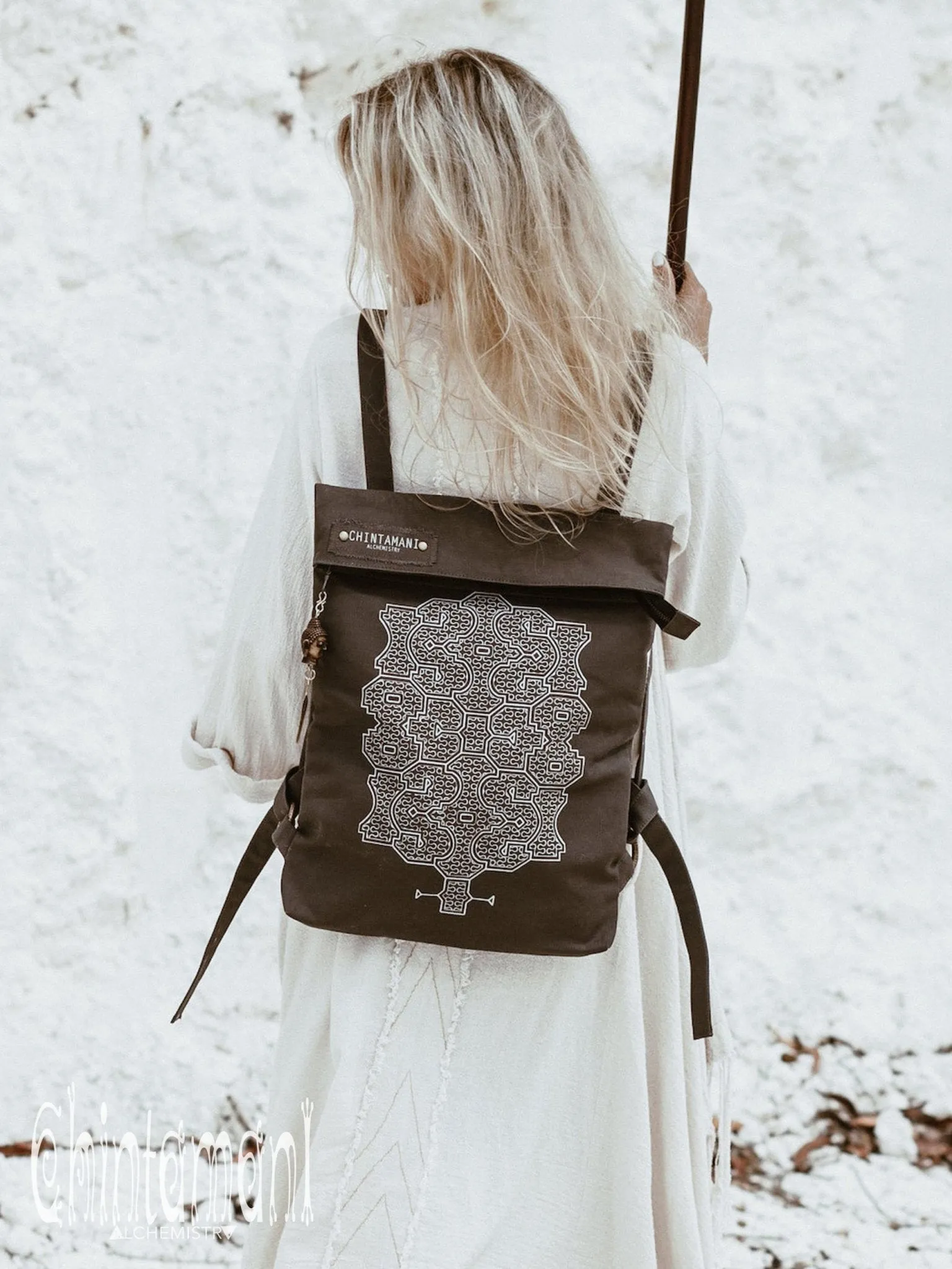 Rolltop Flat Laptop Backpack of Cotton Canvas with Shipibo Print / Dark Grey