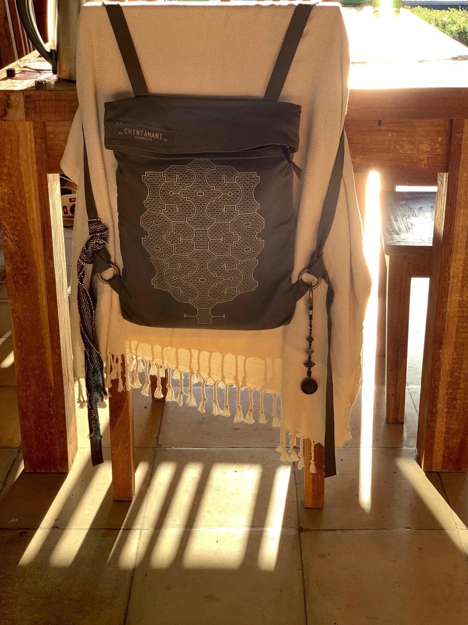 Rolltop Flat Laptop Backpack of Cotton Canvas with Shipibo Print / Dark Grey