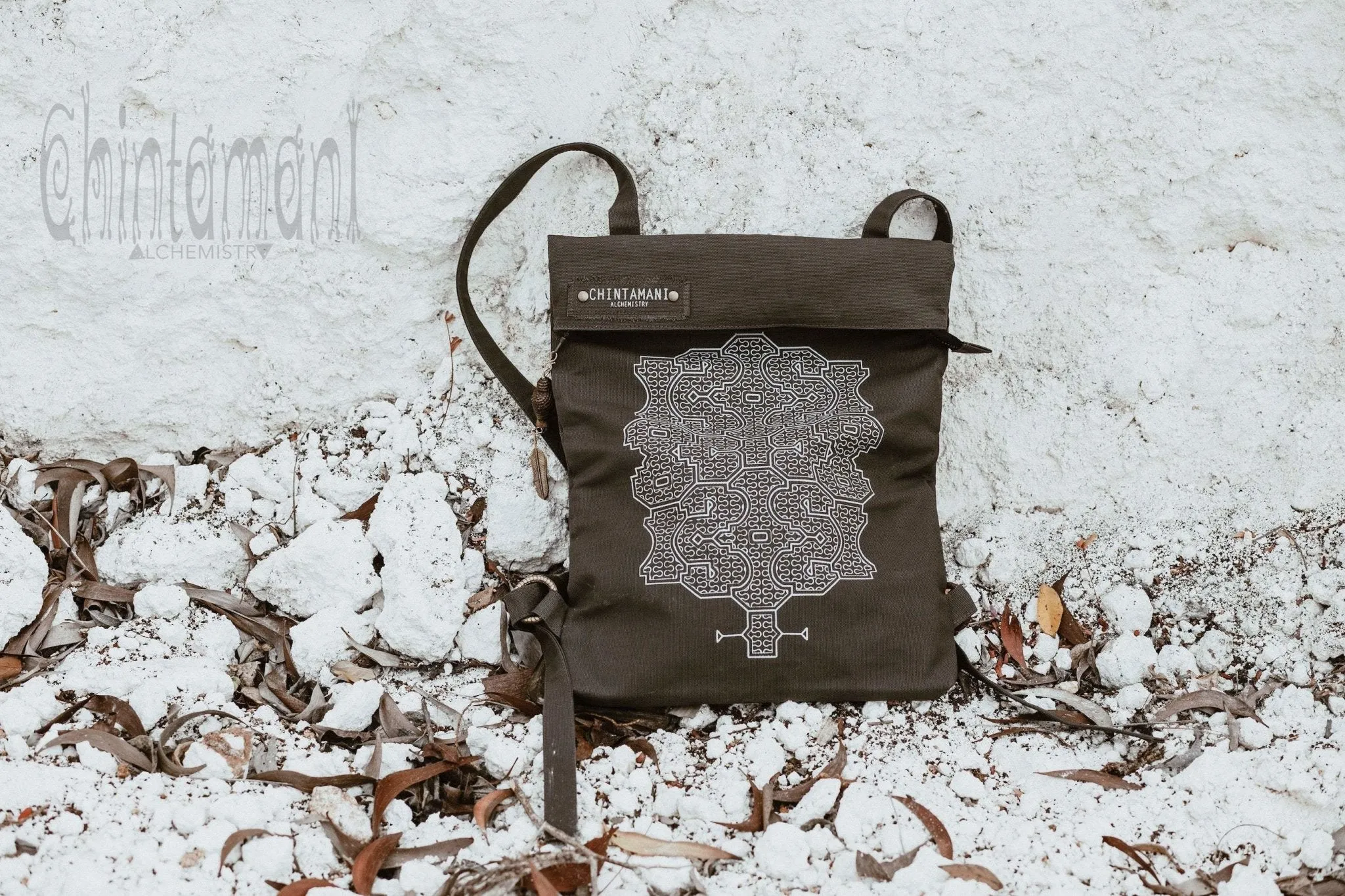 Rolltop Flat Laptop Backpack of Cotton Canvas with Shipibo Print / Dark Grey