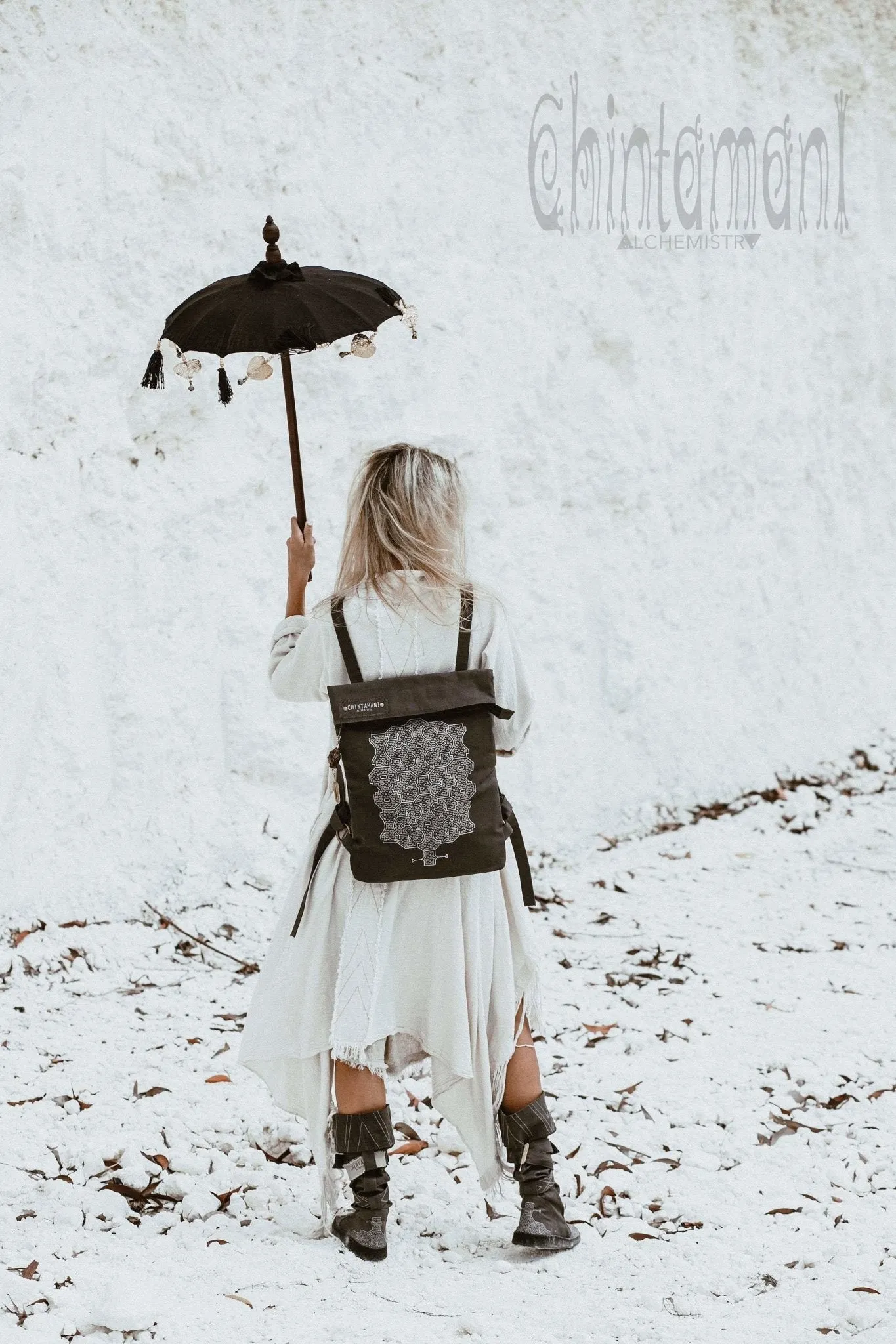 Rolltop Flat Laptop Backpack of Cotton Canvas with Shipibo Print / Dark Grey