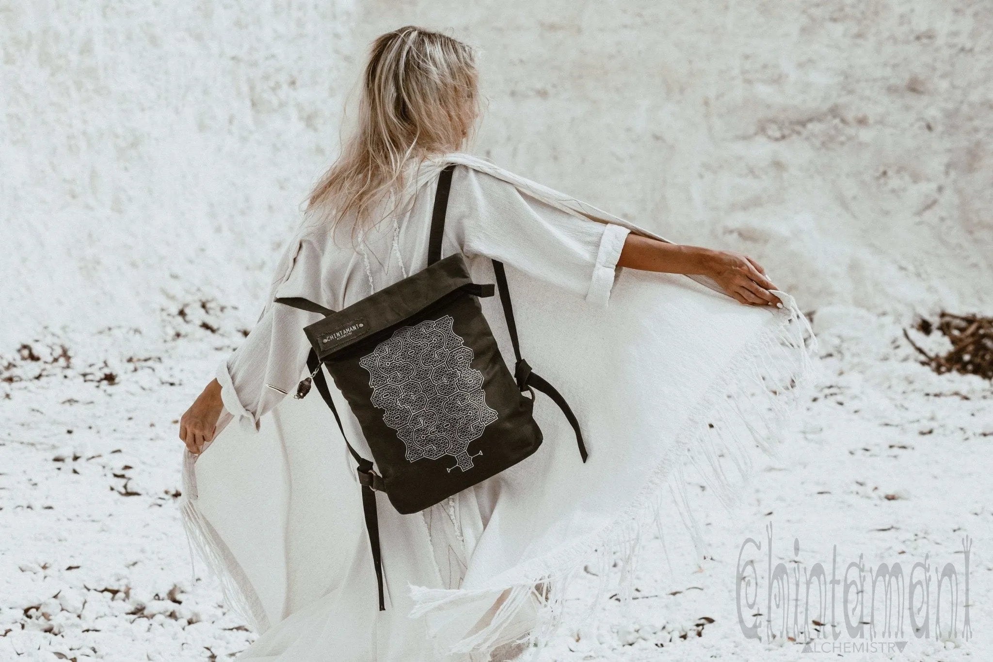Rolltop Flat Laptop Backpack of Cotton Canvas with Shipibo Print / Dark Grey