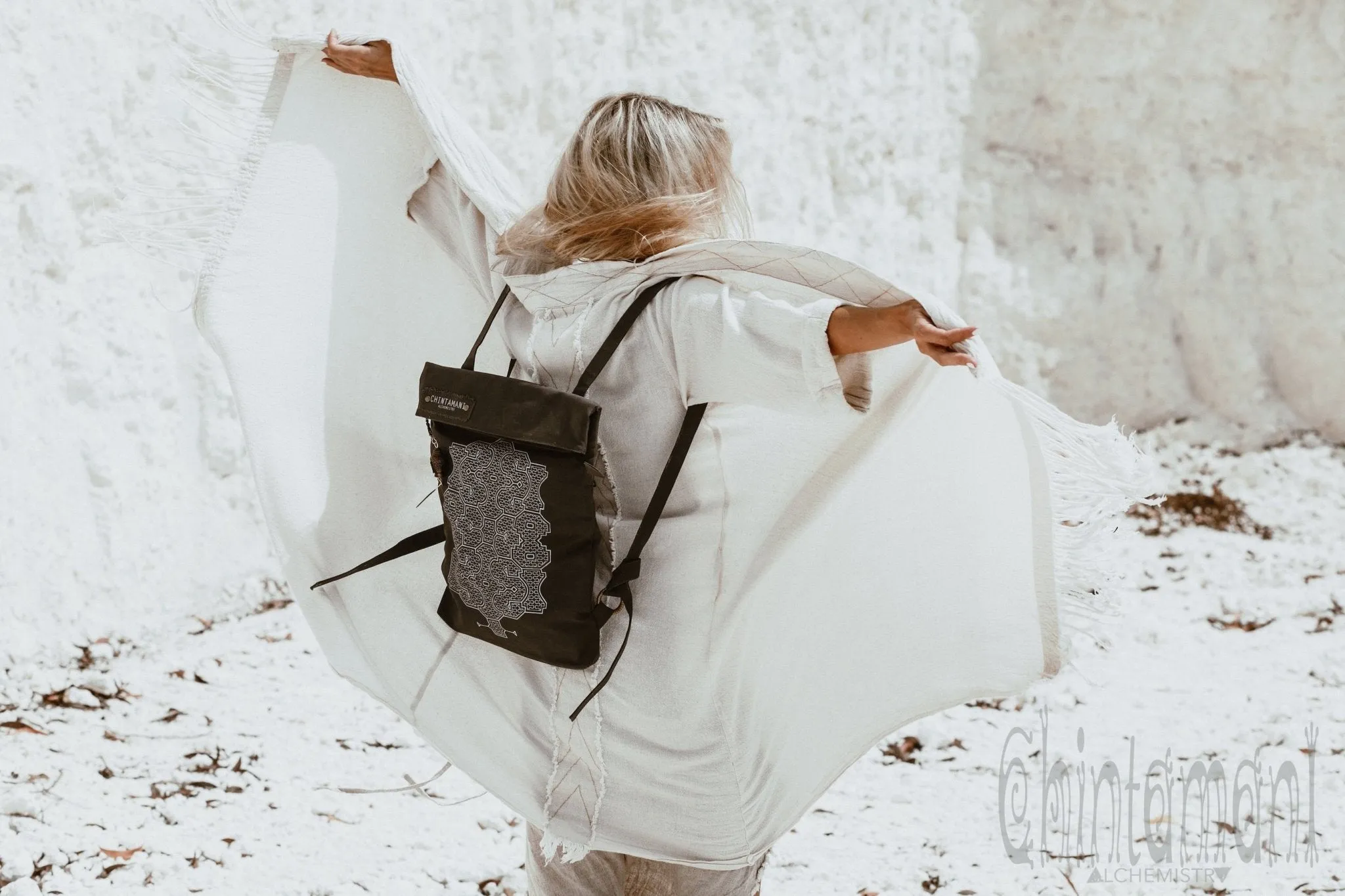 Rolltop Flat Laptop Backpack of Cotton Canvas with Shipibo Print / Dark Grey