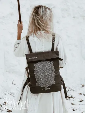 Rolltop Flat Laptop Backpack of Cotton Canvas with Shipibo Print / Dark Grey
