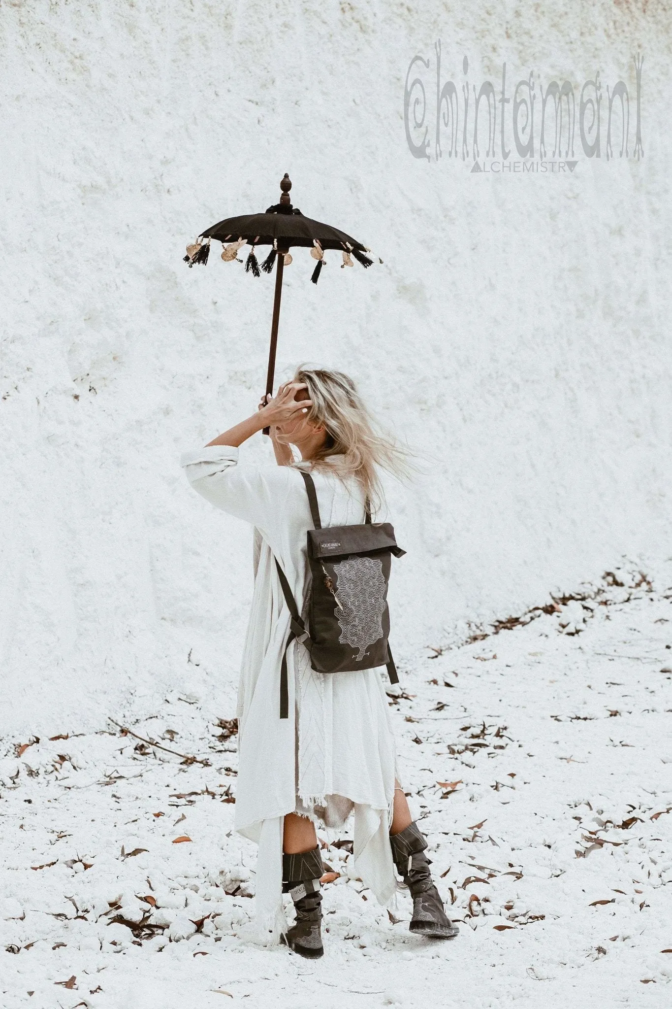 Rolltop Flat Laptop Backpack of Cotton Canvas with Shipibo Print / Dark Grey