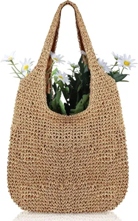 Saintrygo Women Straw Beach Bag Bucket Tote Summer Woven Handmade Handbag Shoulder Bag (Stylish Style,15.75 x 11.81 x 14.17 Inches)