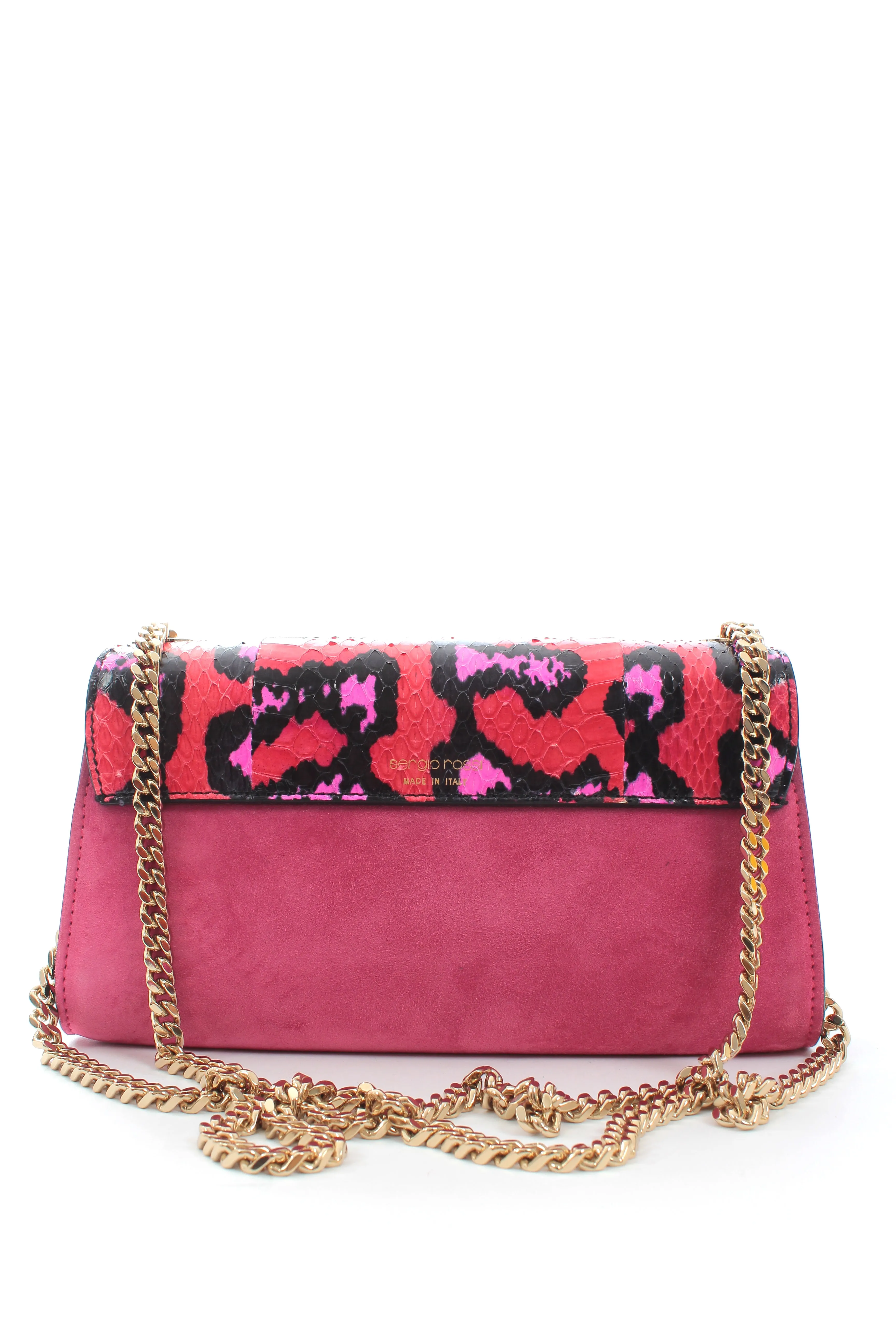 Sergio Rossi Leopard Print Python and Suede Chain Shoulder Bag