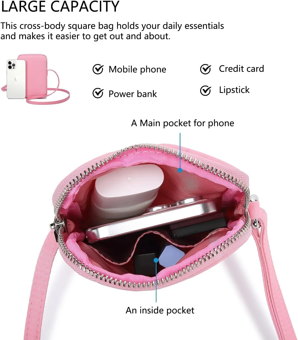 Small Crossbody Purse Zipper Cell Phone Bag Mini Shoulder Purse Wallet Smart Phone Wallet with Credit Card Solts