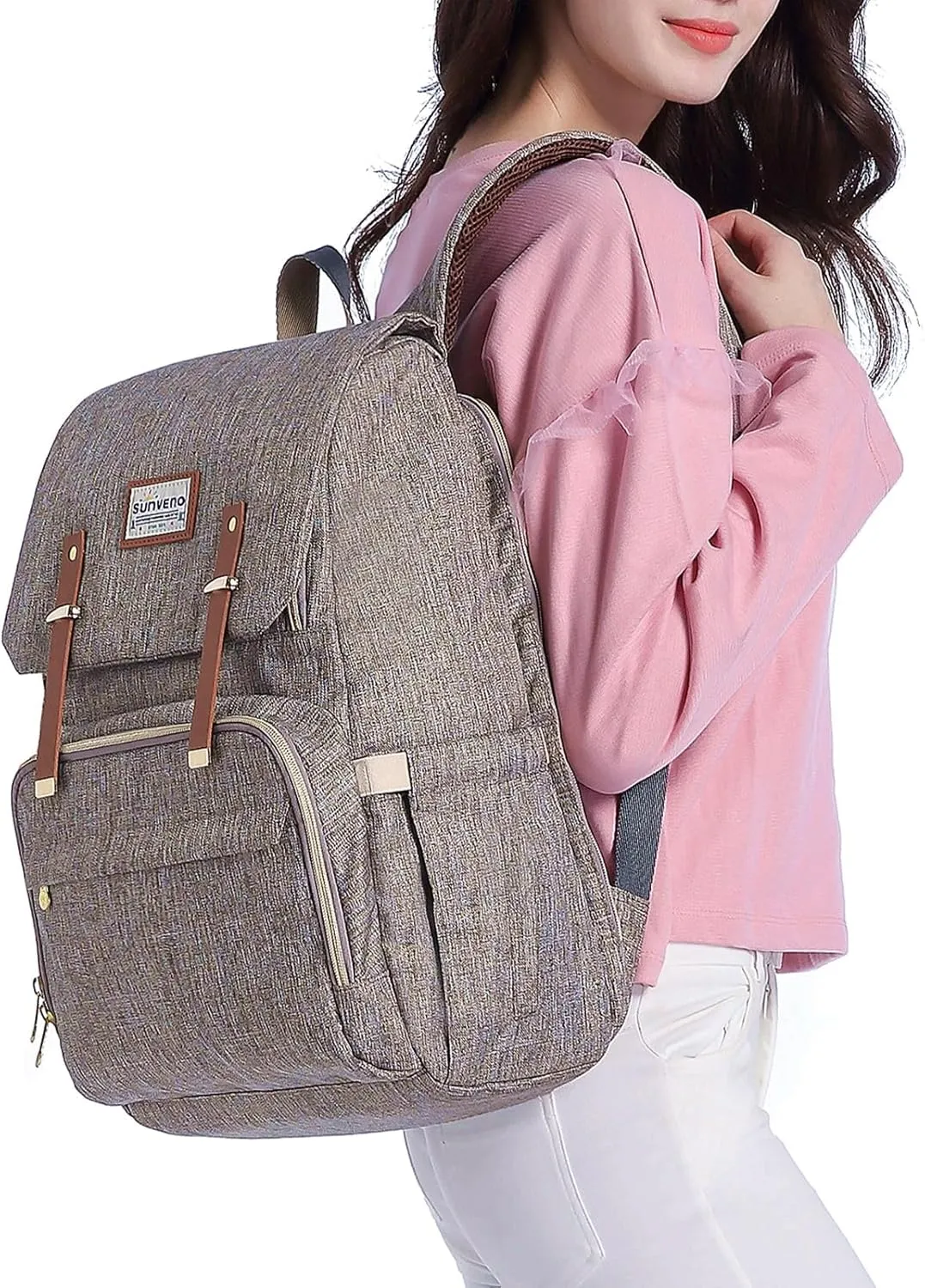 SUNVENO Baby Diaper Bag Backpack Nappy Changing Waterproof Function Organizer Large Stylish Mommy Bag Backpack-Brown