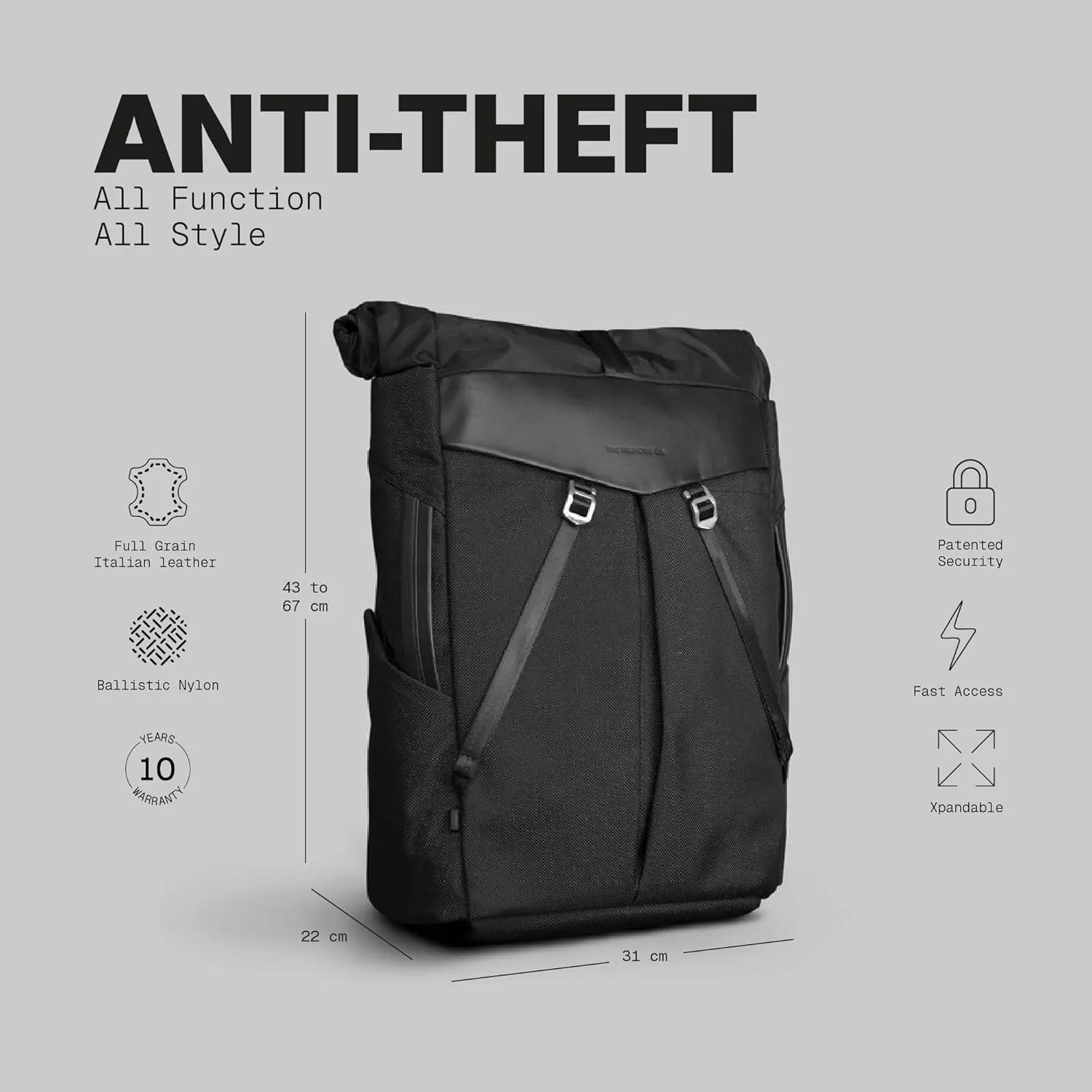 The Frenchie Co. Anti-Theft Speed Backpack, Slim Minimalist Backpack with Hidden Zippers and Cut-Resistant Design for Travel and Everyday Use, Made of Ballistic Nylon