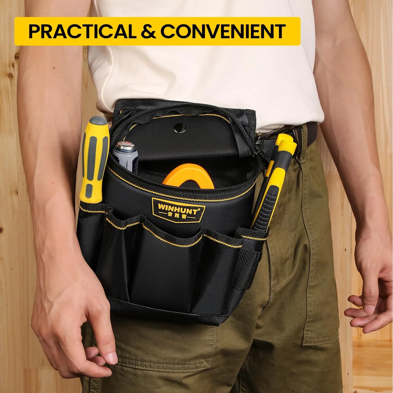 Tool Belt Pouch with Multiple Pockets, Heavy Duty Construction Belt Bag, Black and Yellow, Storage for Electrician Tools