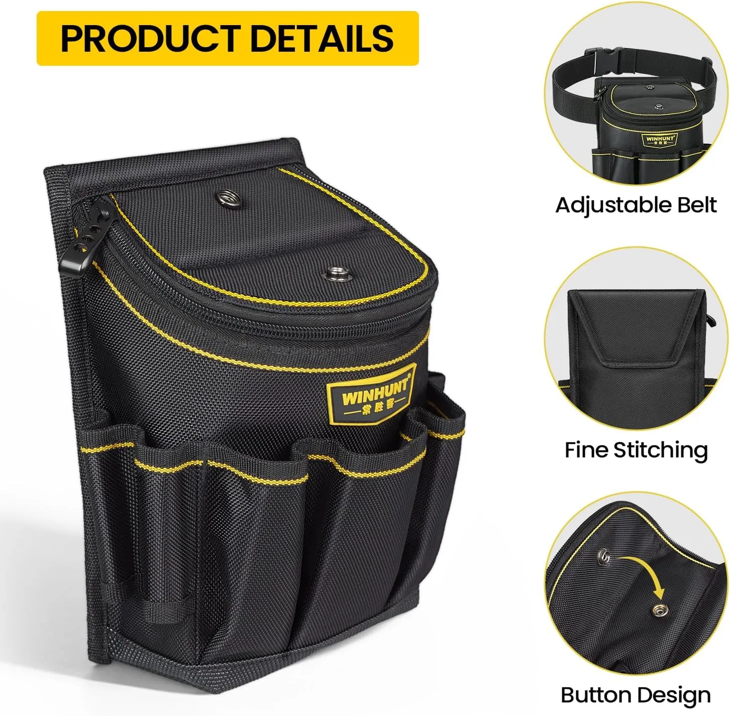 Tool Belt Pouch with Multiple Pockets, Heavy Duty Construction Belt Bag, Black and Yellow, Storage for Electrician Tools