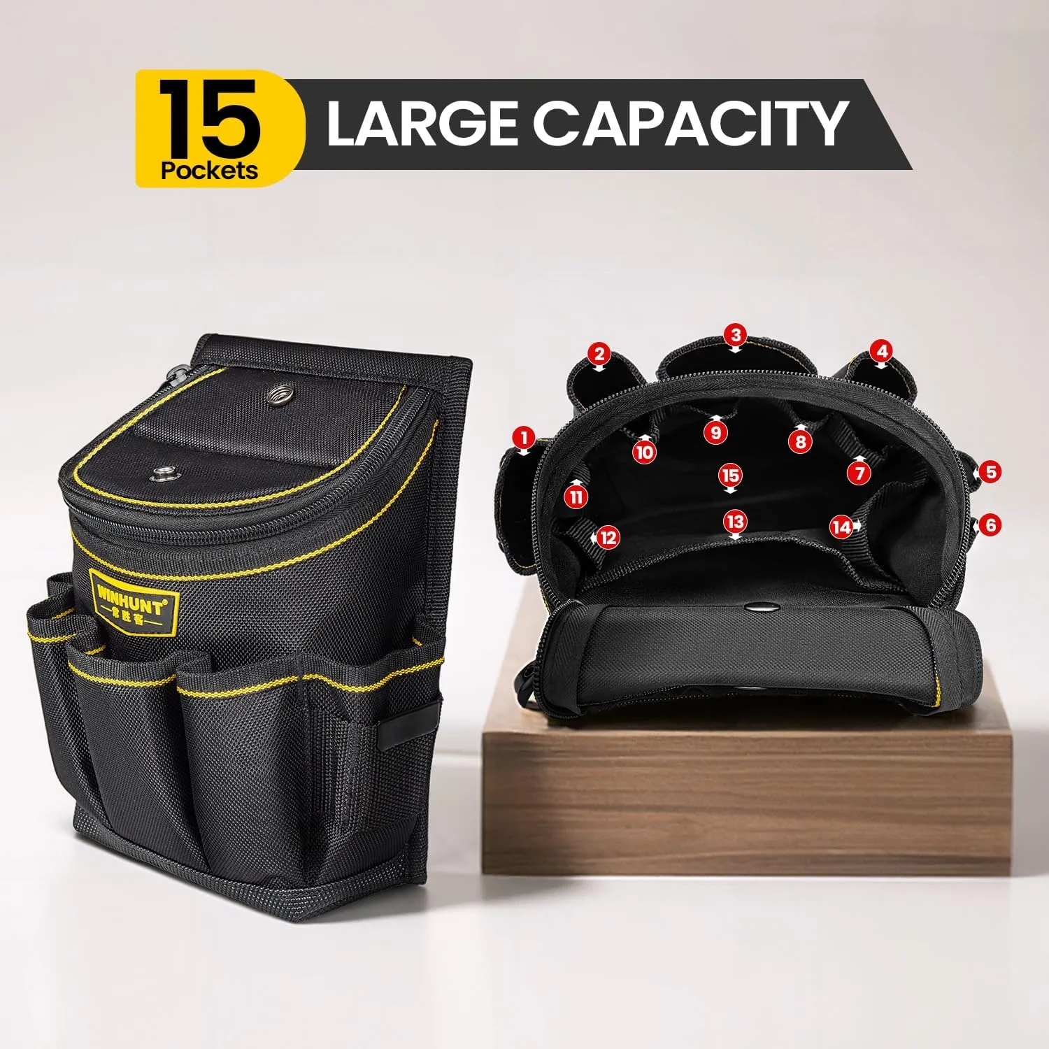 Tool Belt Pouch with Multiple Pockets, Heavy Duty Construction Belt Bag, Black and Yellow, Storage for Electrician Tools