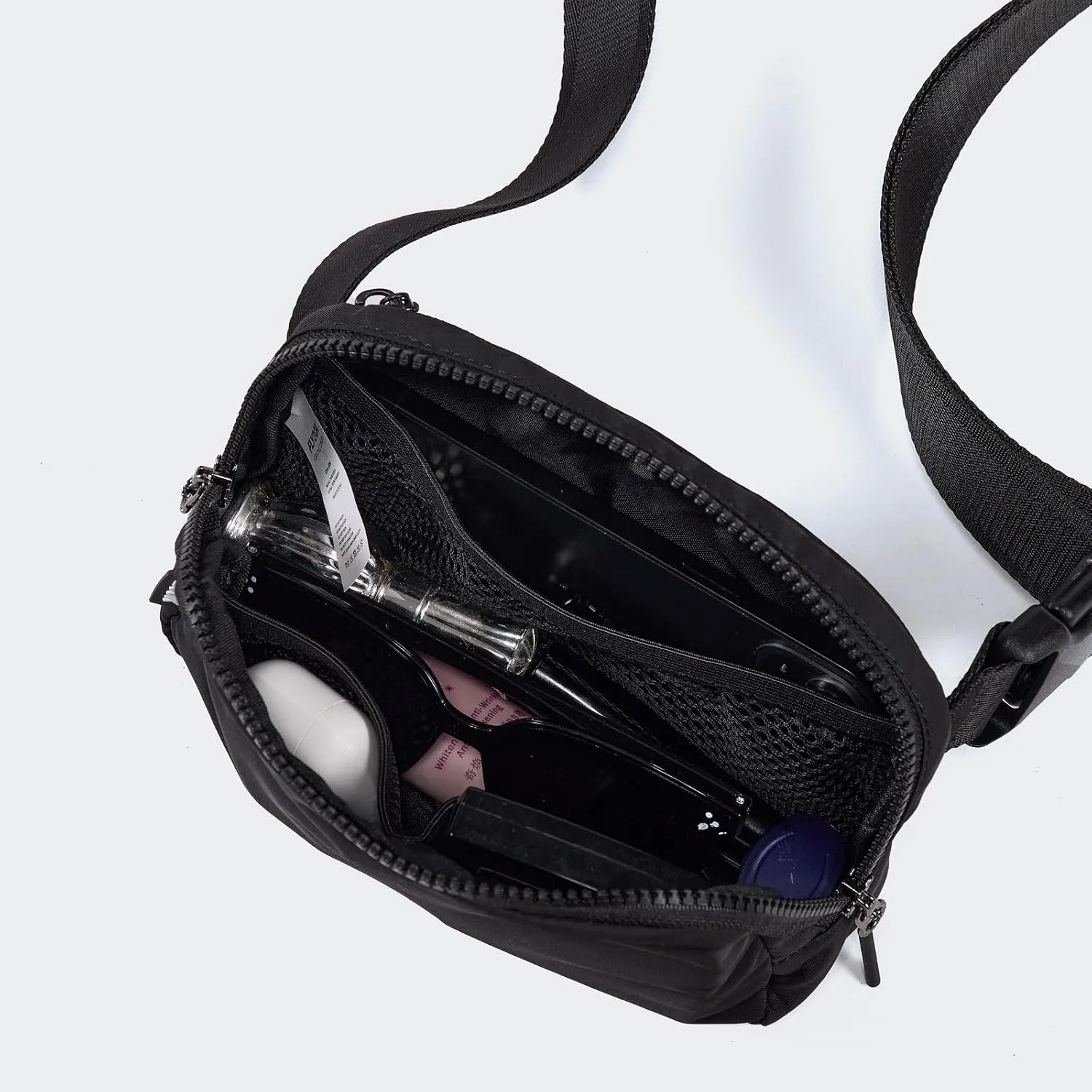  Unisex Mini   and Extender Strap, Adjustable Strap Nylon Cross Body Sling Bag for Workout, Running, Traveling, Hiking. (Black)