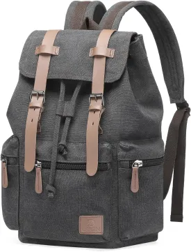 Vintage Canvas Backpack for Men & Women, Durable Casual Daypack with Leather Accent, Fits for College, Work, Travel, & Outdoor, Black