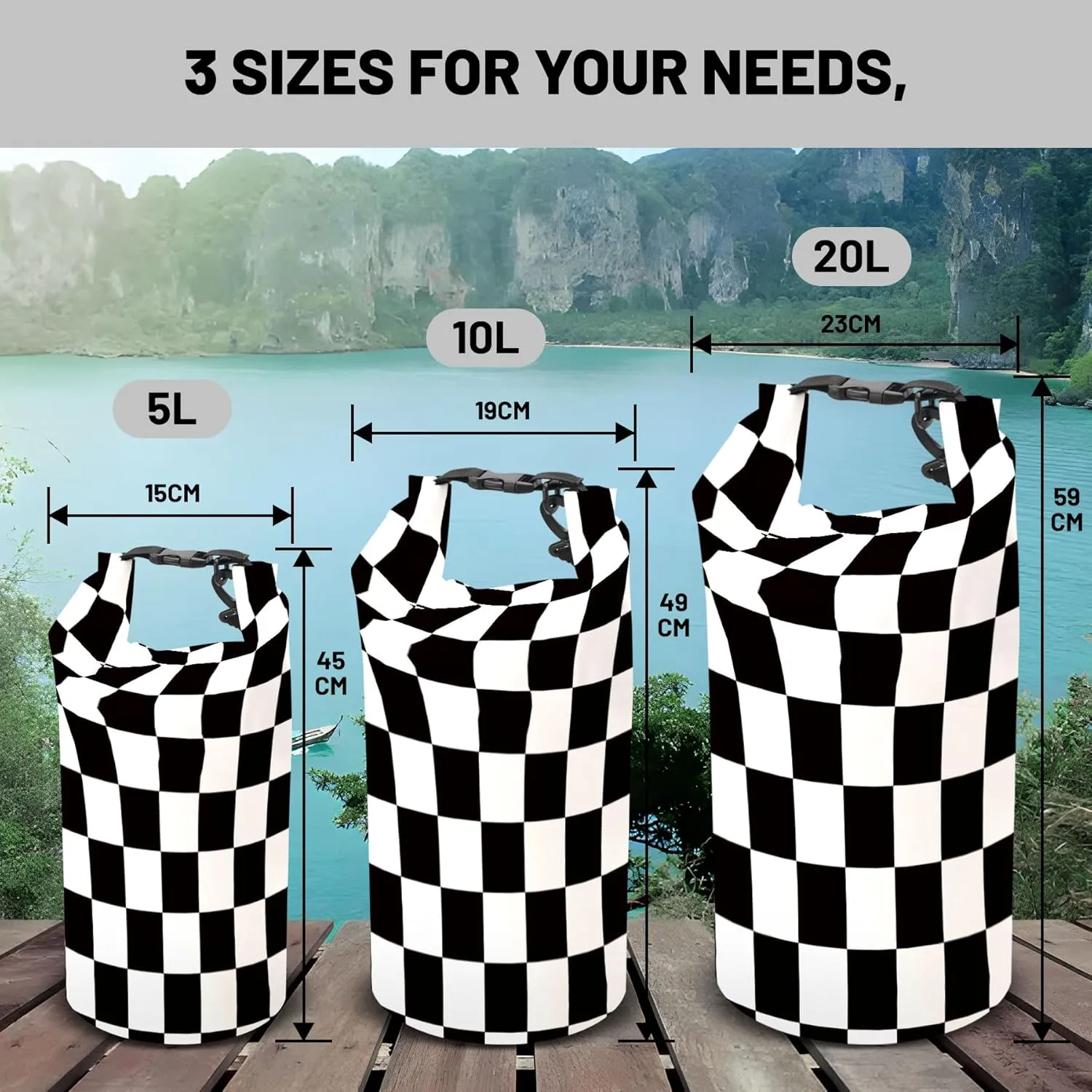 Waterproof Dry Bag,Roll Top Black and White Checkered Flag Small Waterproof Backpack 5L/10L/20L Floating and Lightweight Bags for Kayaking, Boating, Fishing, Swimming and Camping