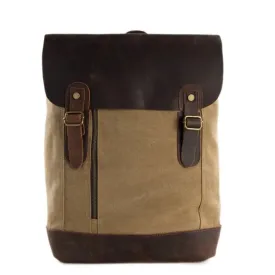 Waxed Canvas and Leather Casual Backpack - Khaki