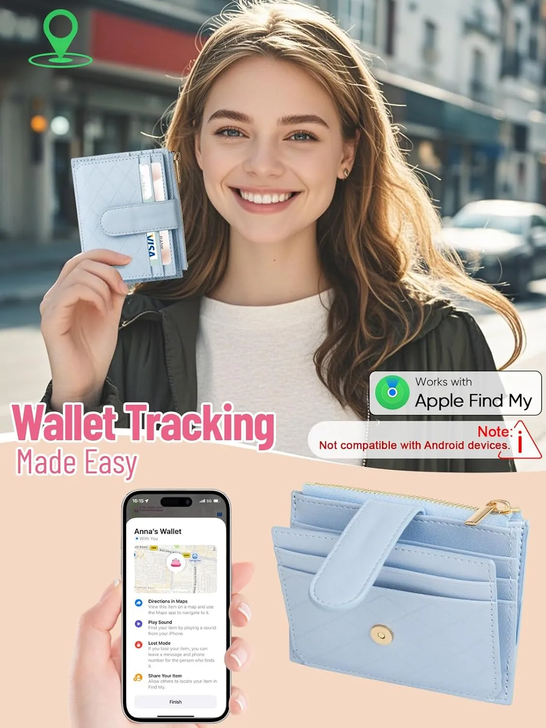 Women's Wallet Built-in Anti-Loss Tracker, RFID Blocking Small Compact Card Holder Wallet for Women Soft PU Leather Bifold Pocket Wallet Ladies Mini Purse with Zipper Pocket, ID Window (Light Blue)
